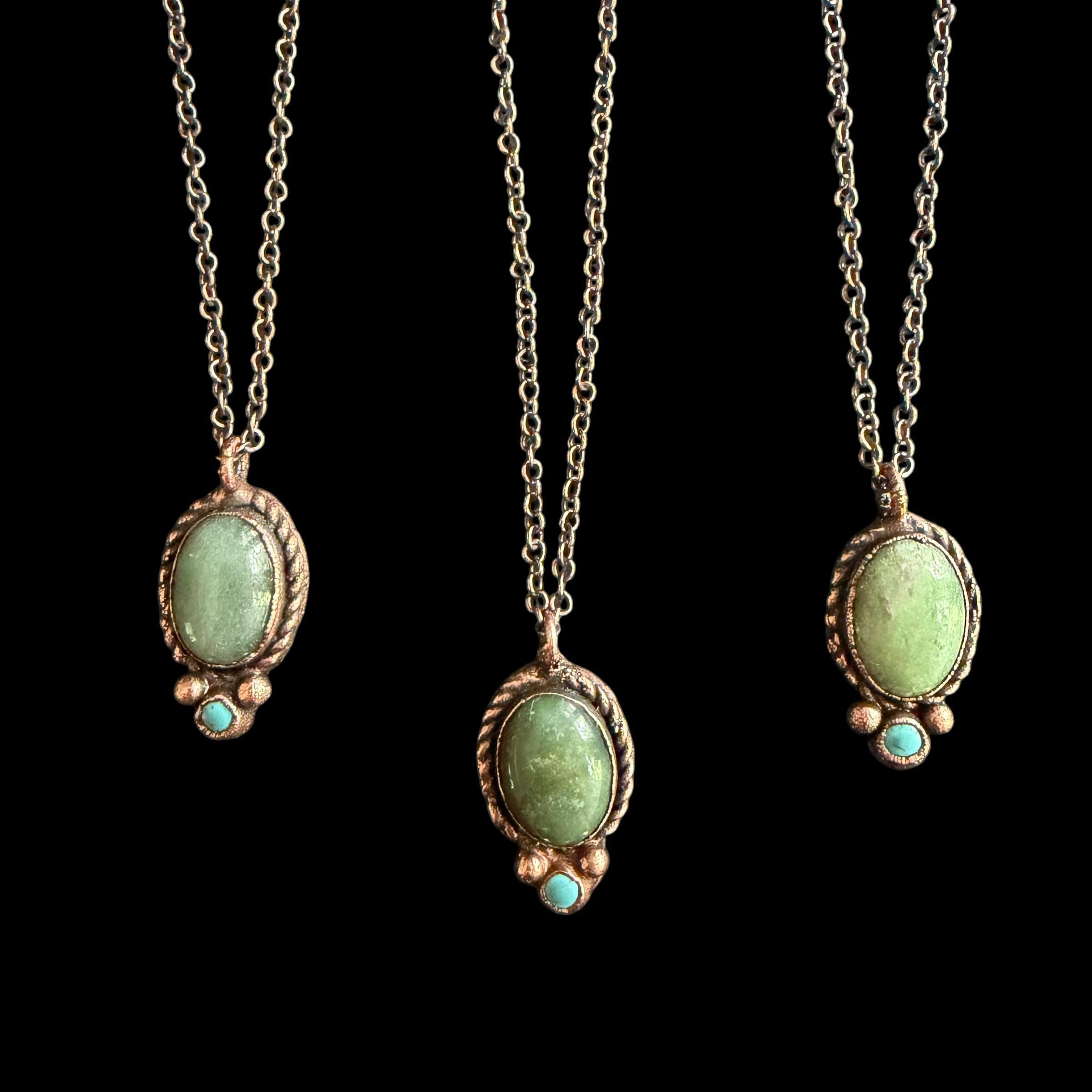 Green Aventurine Necklace with Turquoise Accent | Electroformed Copper Pendant | Handmade Boho Crystal Jewelry Gift