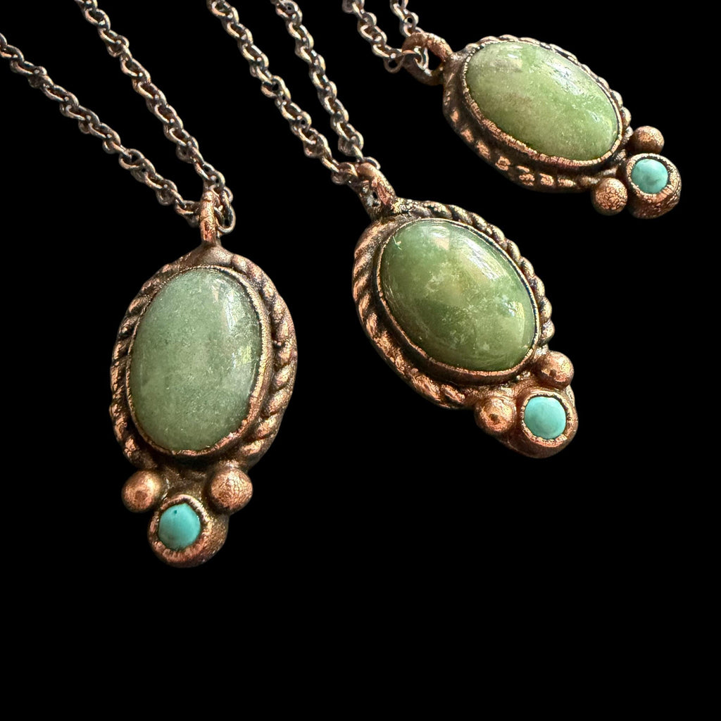Green Aventurine Necklace with Turquoise Accent | Electroformed Copper Pendant | Handmade Boho Crystal Jewelry Gift