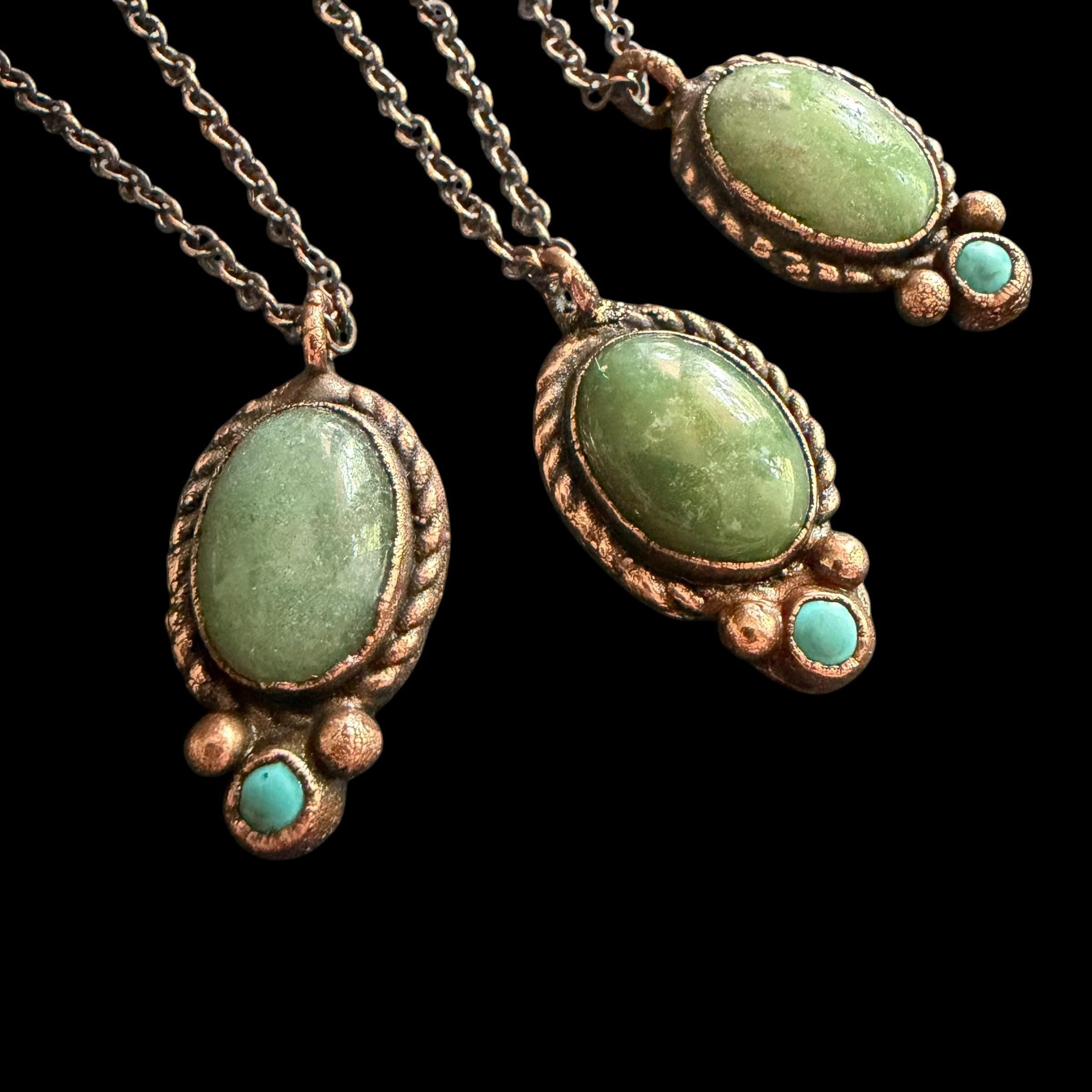 Green Aventurine Necklace with Turquoise Accent | Electroformed Copper Pendant | Handmade Boho Crystal Jewelry Gift