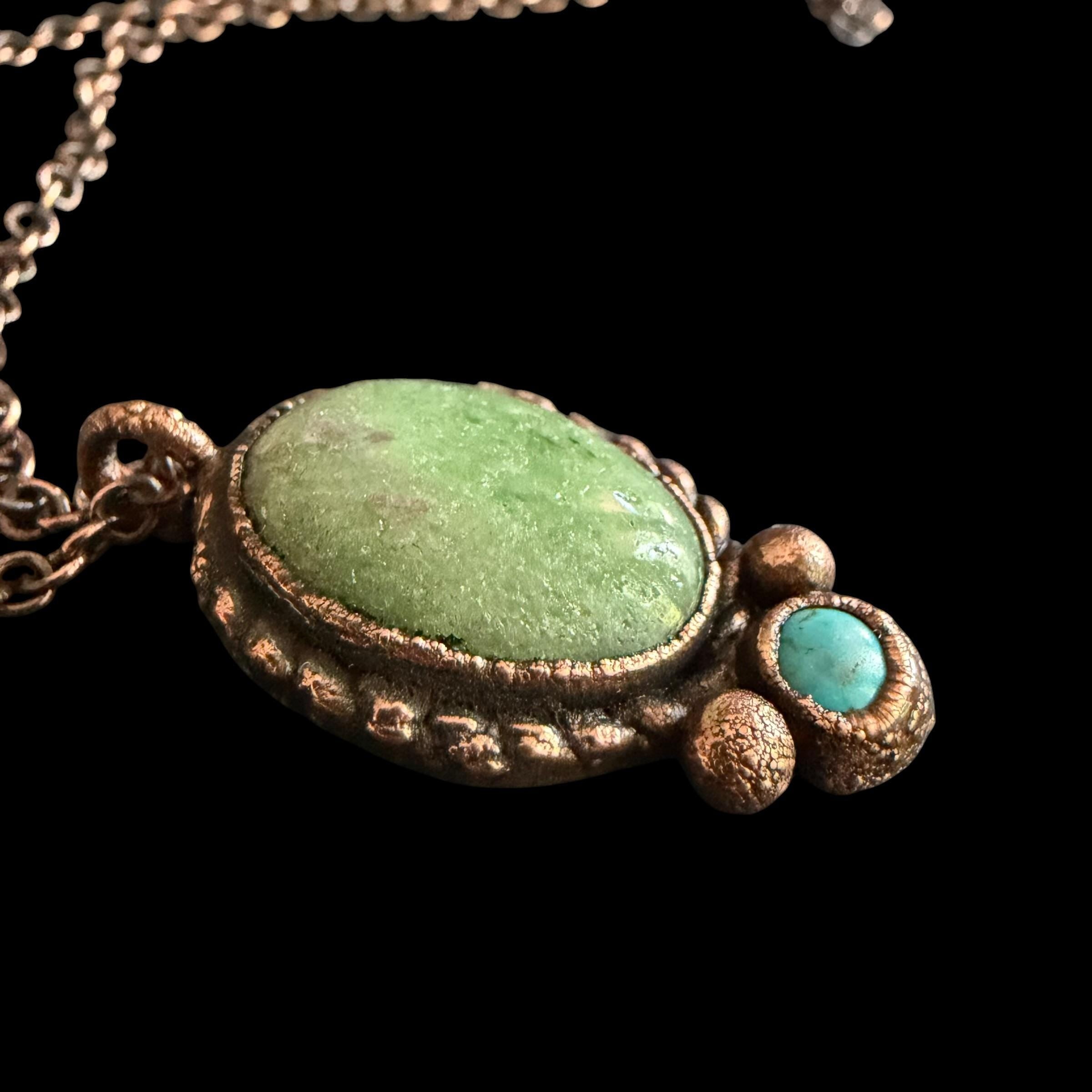 Green Aventurine Necklace with Turquoise Accent | Electroformed Copper Pendant | Handmade Boho Crystal Jewelry Gift