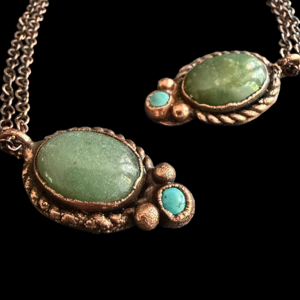 Green Aventurine Necklace with Turquoise Accent | Electroformed Copper Pendant | Handmade Boho Crystal Jewelry Gift