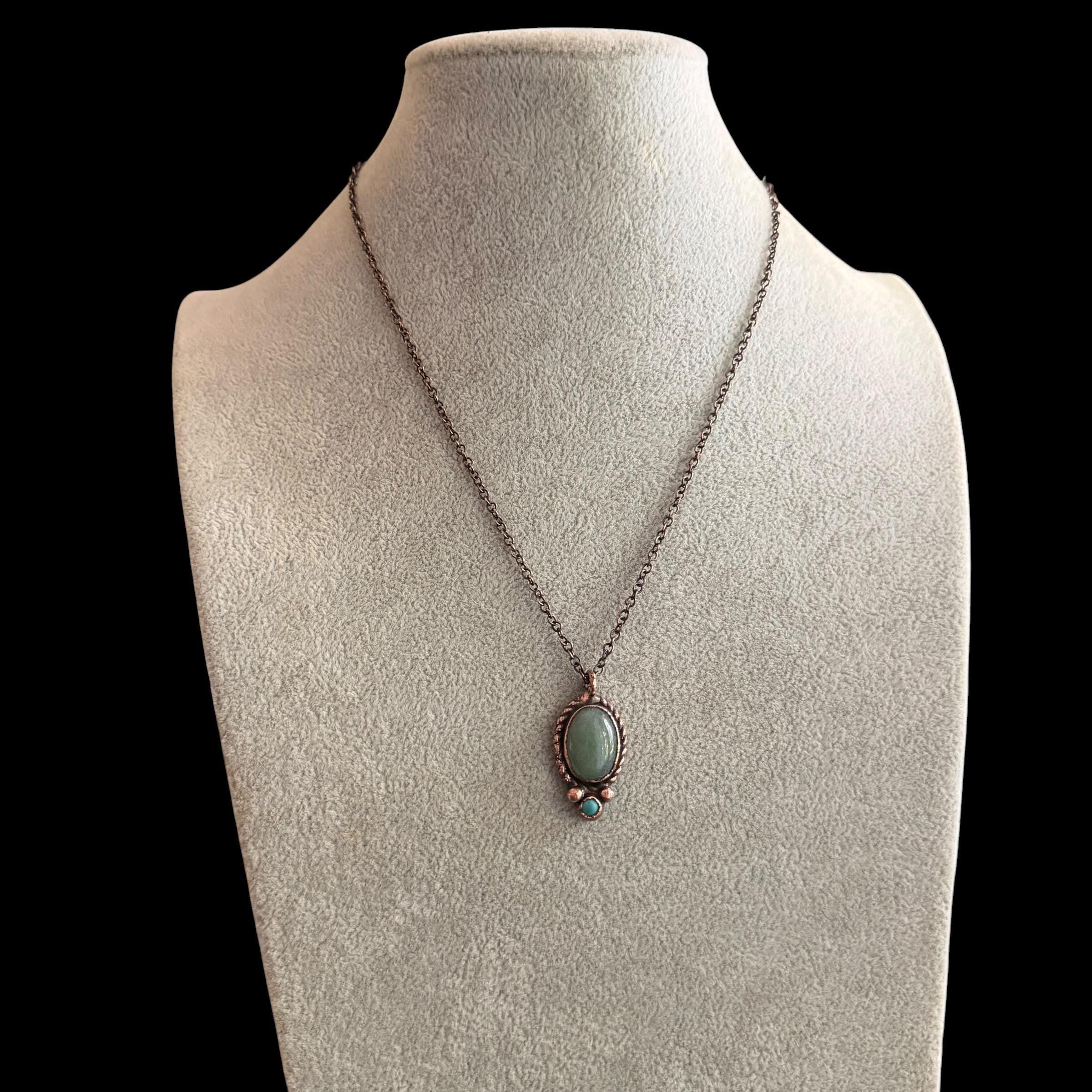Green Aventurine Necklace with Turquoise Accent | Electroformed Copper Pendant | Handmade Boho Crystal Jewelry Gift