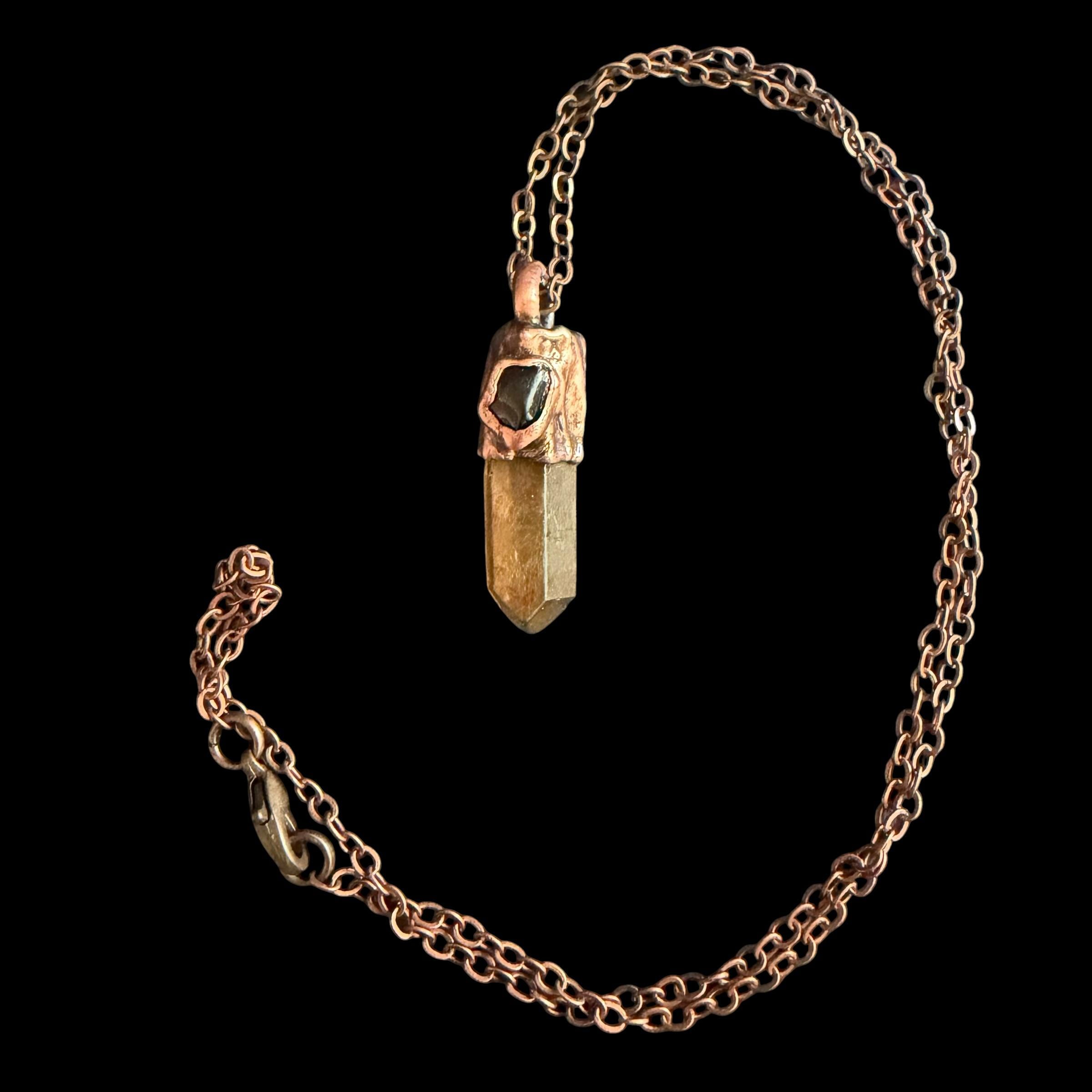 Hematite Quartz Point Necklace with Black Obsidian | Electroformed Copper Crystal Pendant | Handmade Boho Protection