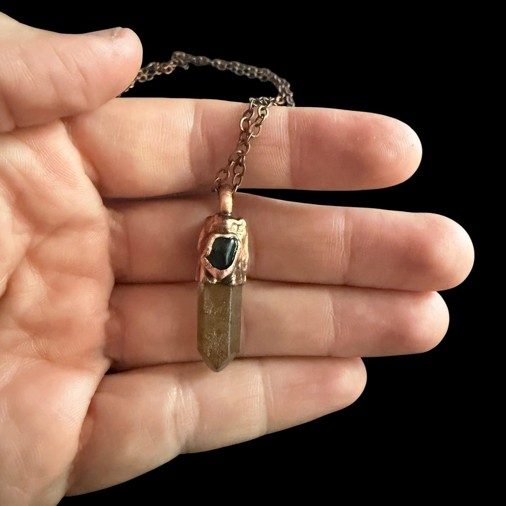 Hematite Quartz Point Necklace with Black Obsidian | Electroformed Copper Crystal Pendant | Handmade Boho Protection