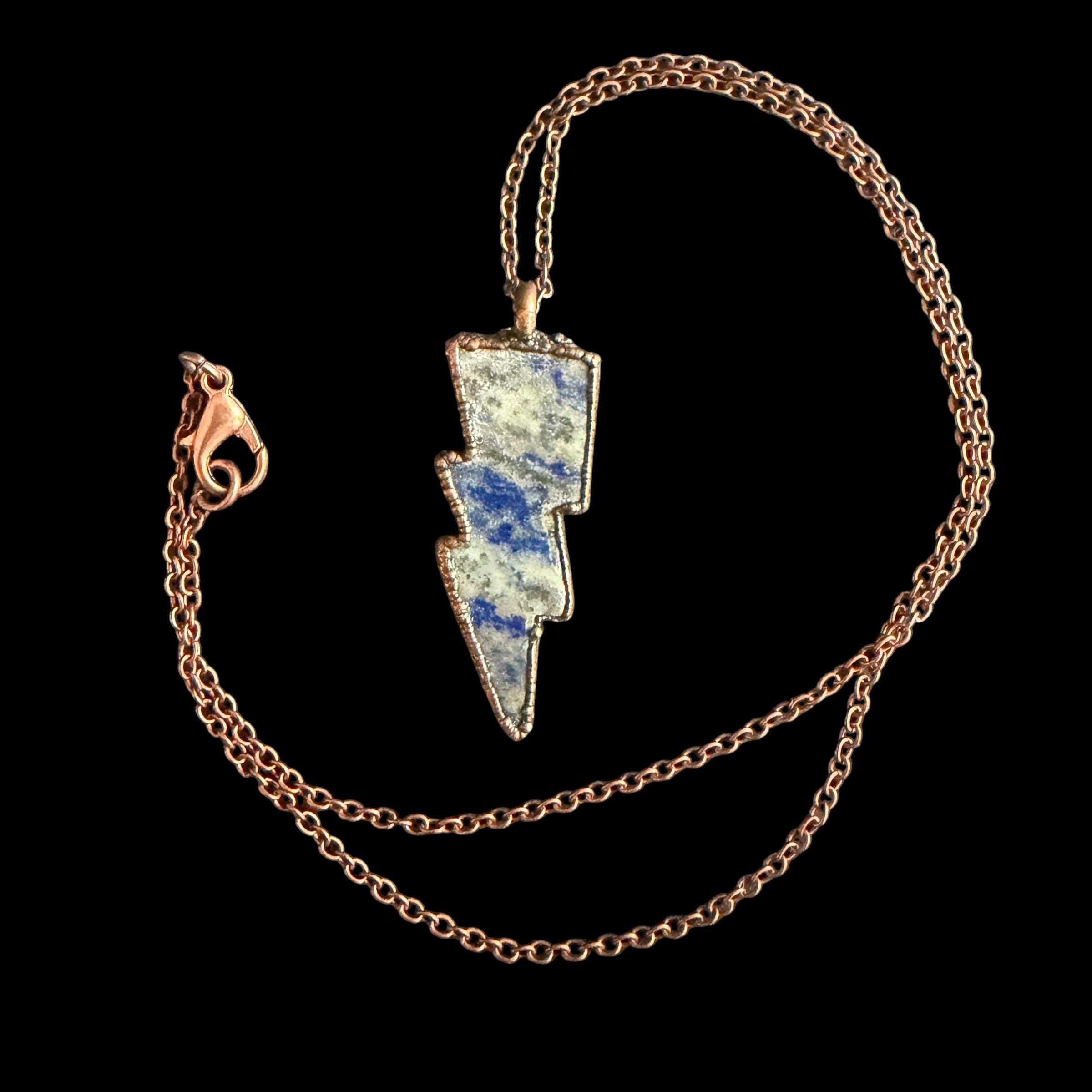 Lapis Lazuli Lightning Bolt Necklace | Electroformed Copper Pendant | Handmade Crystal Jewelry | Boho Statement Gift