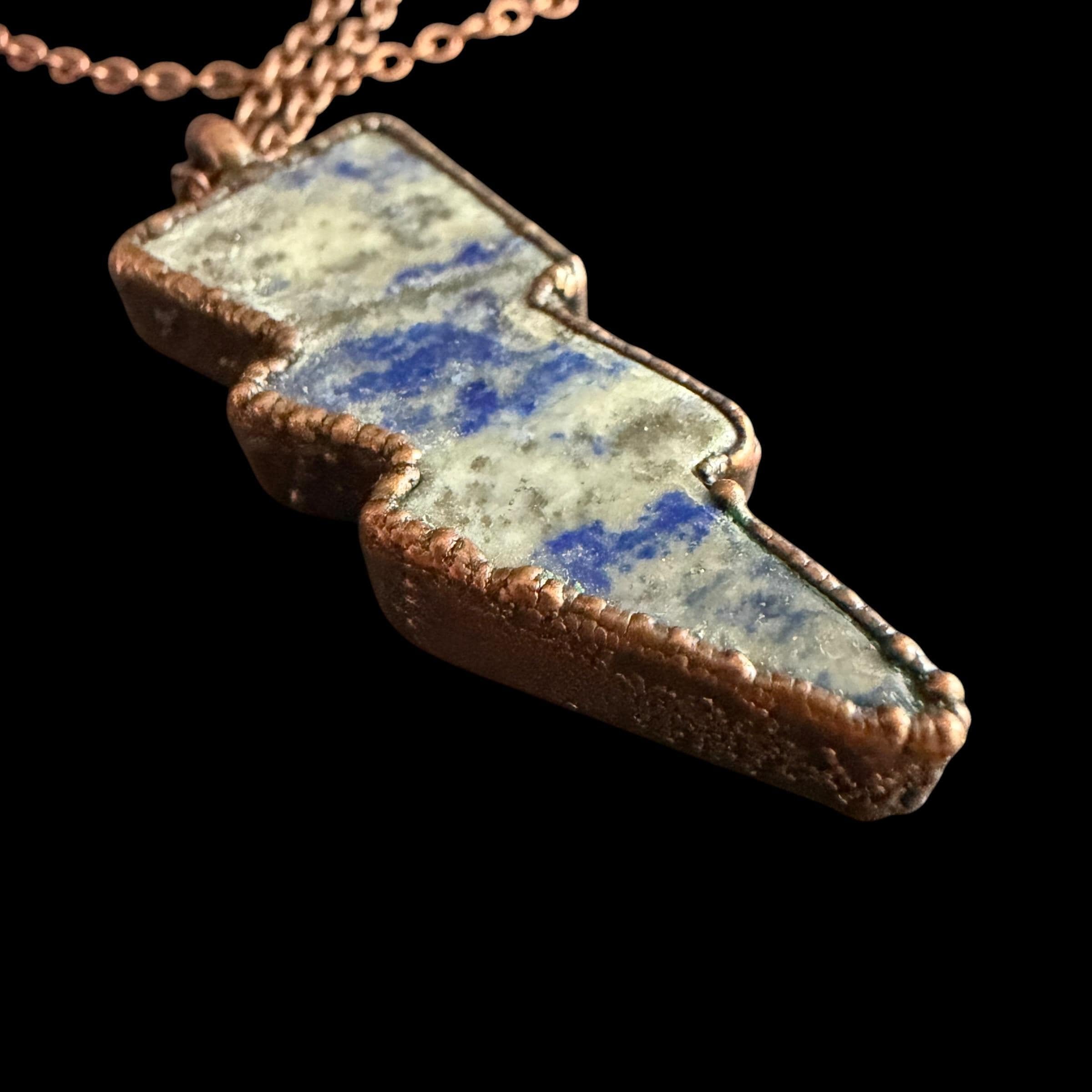 Lapis Lazuli Lightning Bolt Necklace | Electroformed Copper Pendant | Handmade Crystal Jewelry | Boho Statement Gift