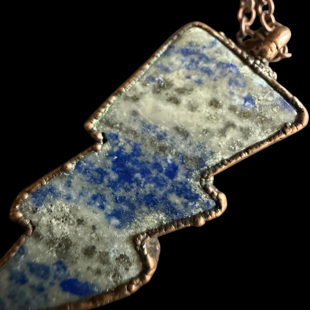 Lapis Lazuli Lightning Bolt Necklace | Electroformed Copper Pendant | Handmade Crystal Jewelry | Boho Statement Gift