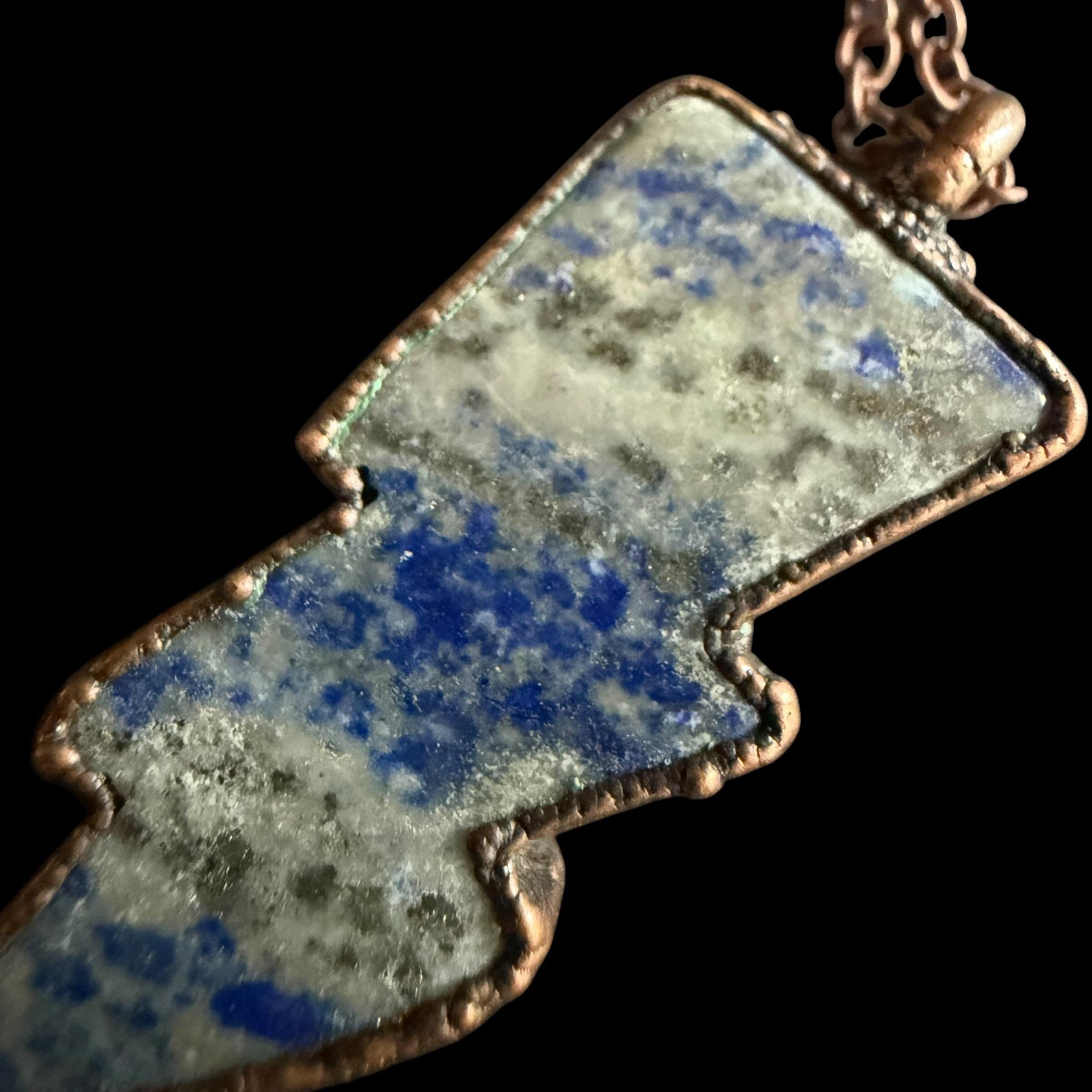 Lapis Lazuli Lightning Bolt Necklace | Electroformed Copper Pendant | Handmade Crystal Jewelry | Boho Statement Gift