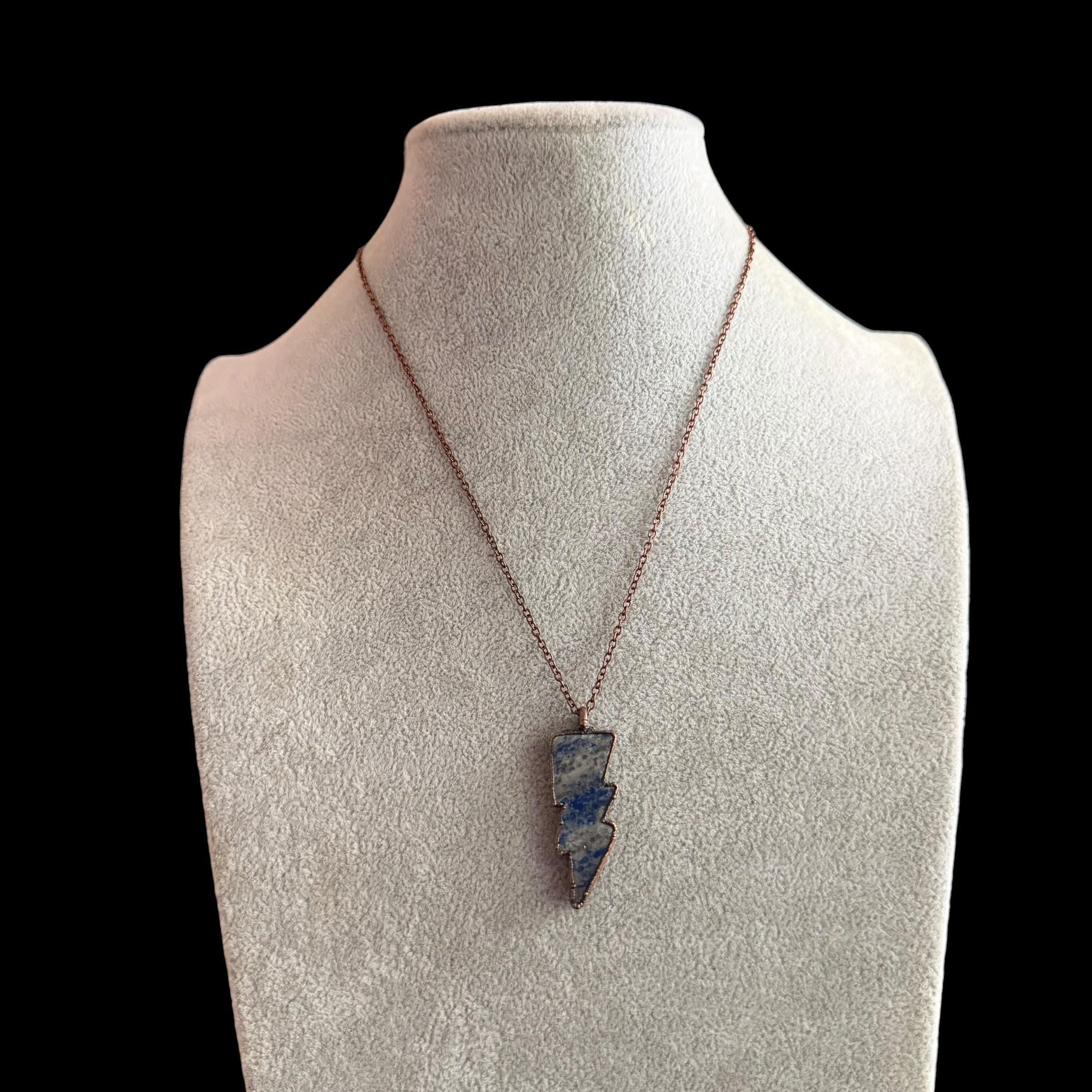 Lapis Lazuli Lightning Bolt Necklace | Electroformed Copper Pendant | Handmade Crystal Jewelry | Boho Statement Gift