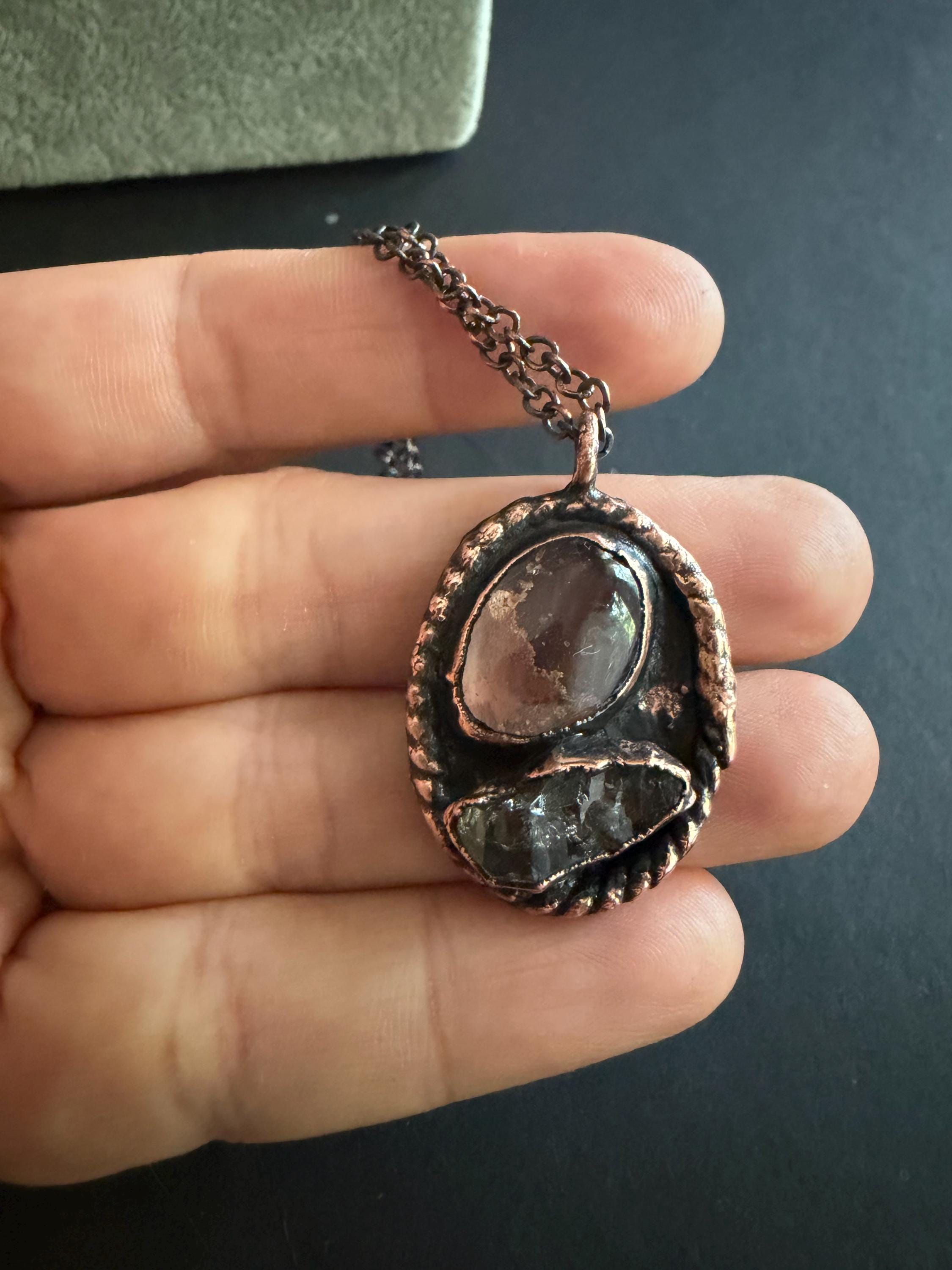 Herkimer Quartz & Quartz Necklace | Electroformed Copper Pendant | Handmade Crystal Jewelry | Boho Love Gift