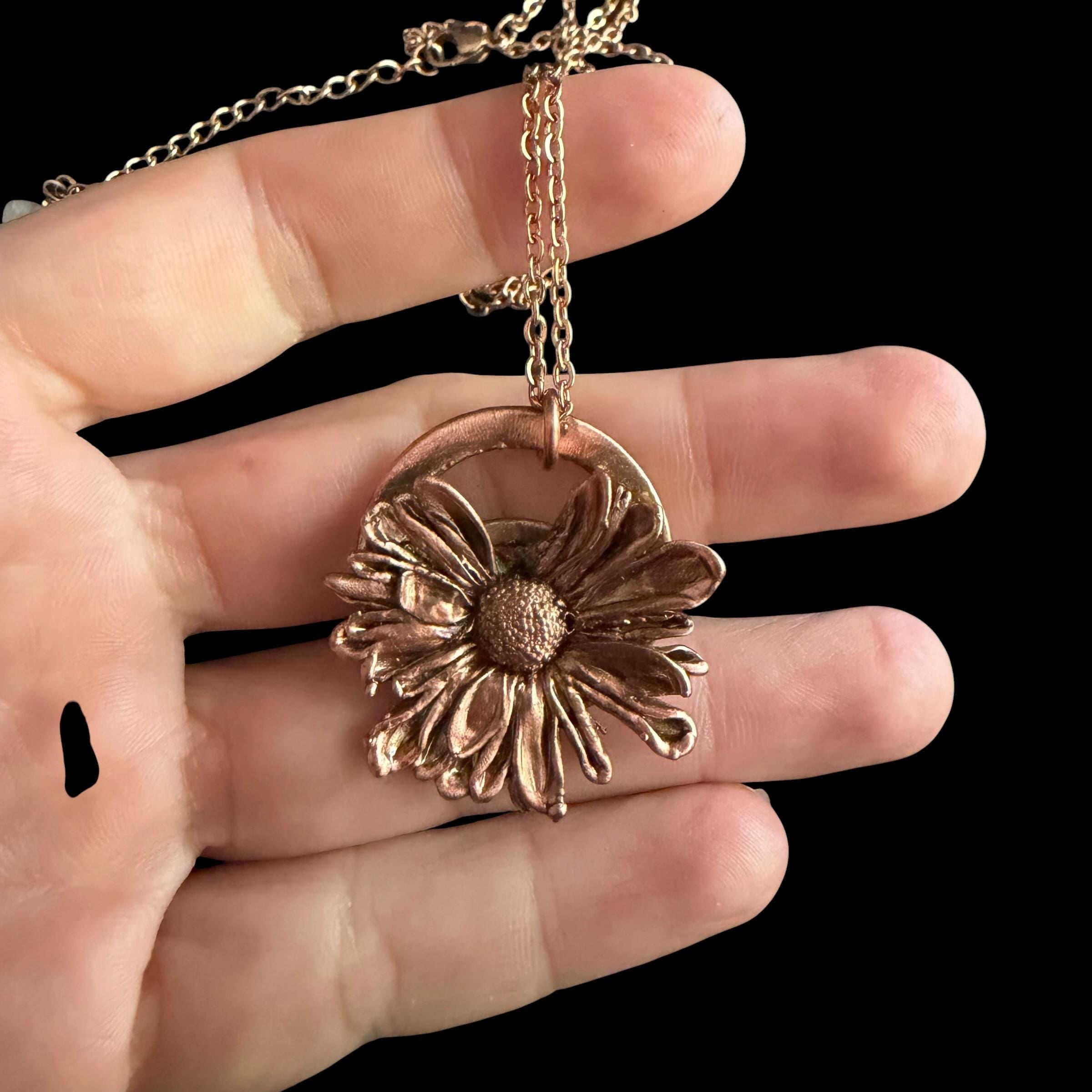 Electroformed Copper Daisy Necklace | Real Preserved Flower Pendant | Handmade Botanical Jewelry | Boho Rose Gold Chain