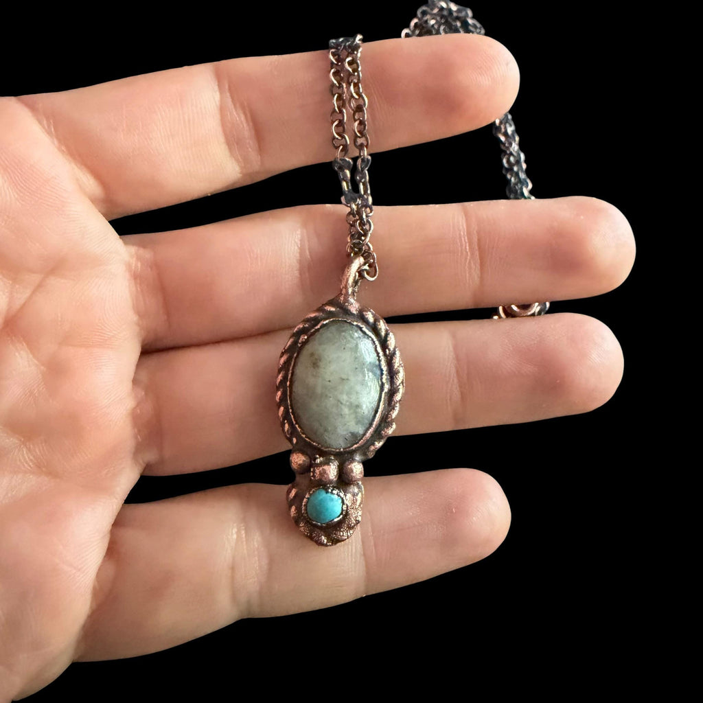 Howlite Necklace with Turquoise Accent | Electroformed Copper Pendant | Handmade Boho Crystal Jewelry | Calming Gift