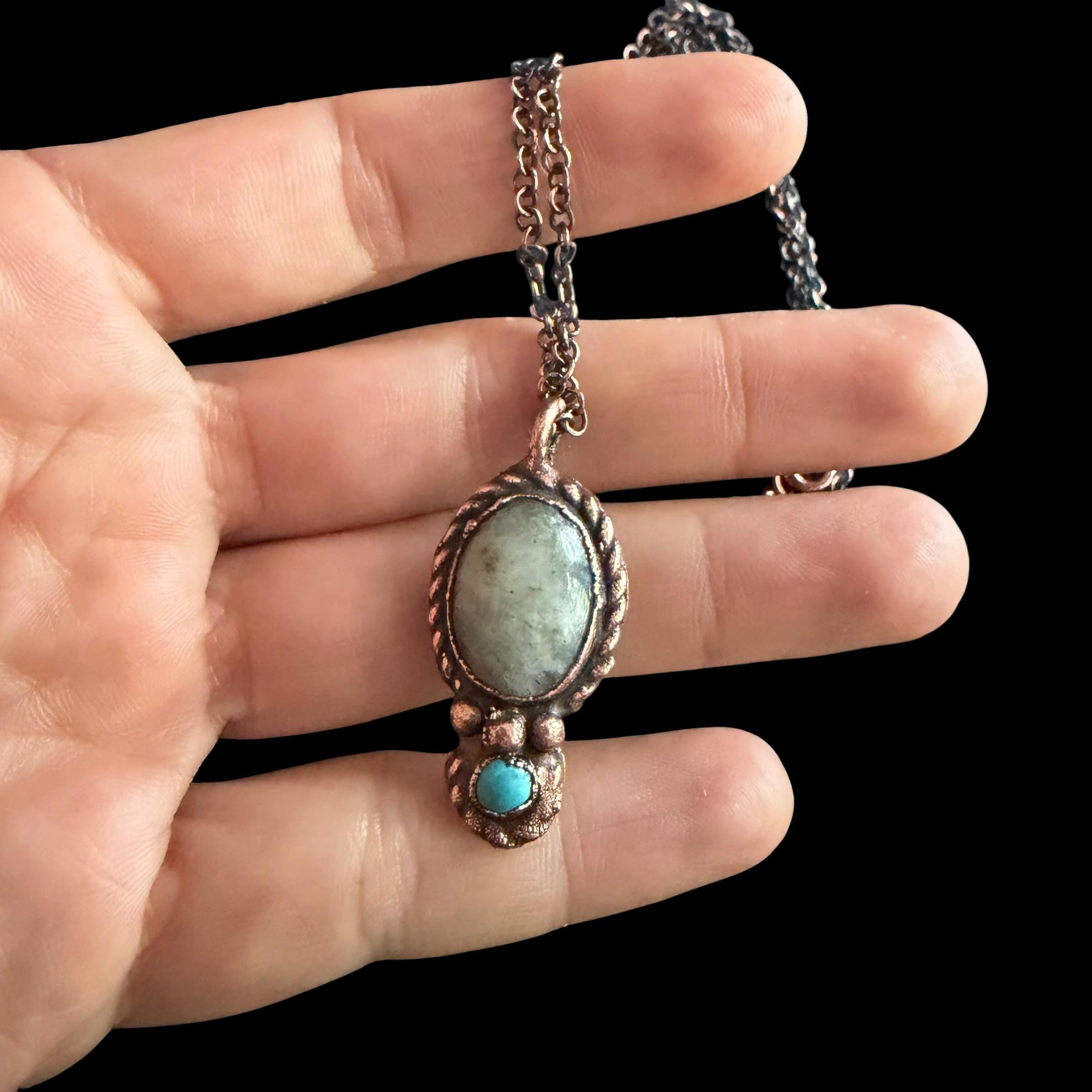 Howlite Necklace with Turquoise Accent | Electroformed Copper Pendant | Handmade Boho Crystal Jewelry | Calming Gift