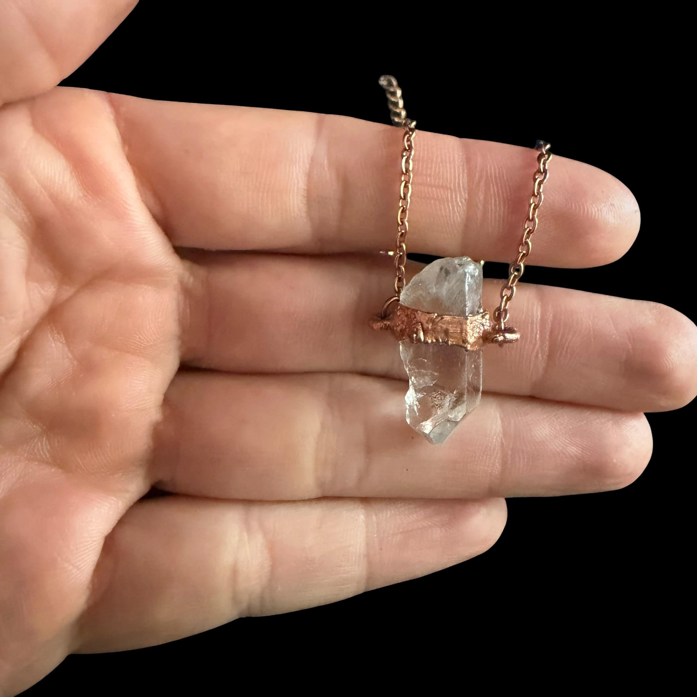 Raw Clear Quartz Electroformed Copper Necklace | Boho Rose Gold Chain Pendant