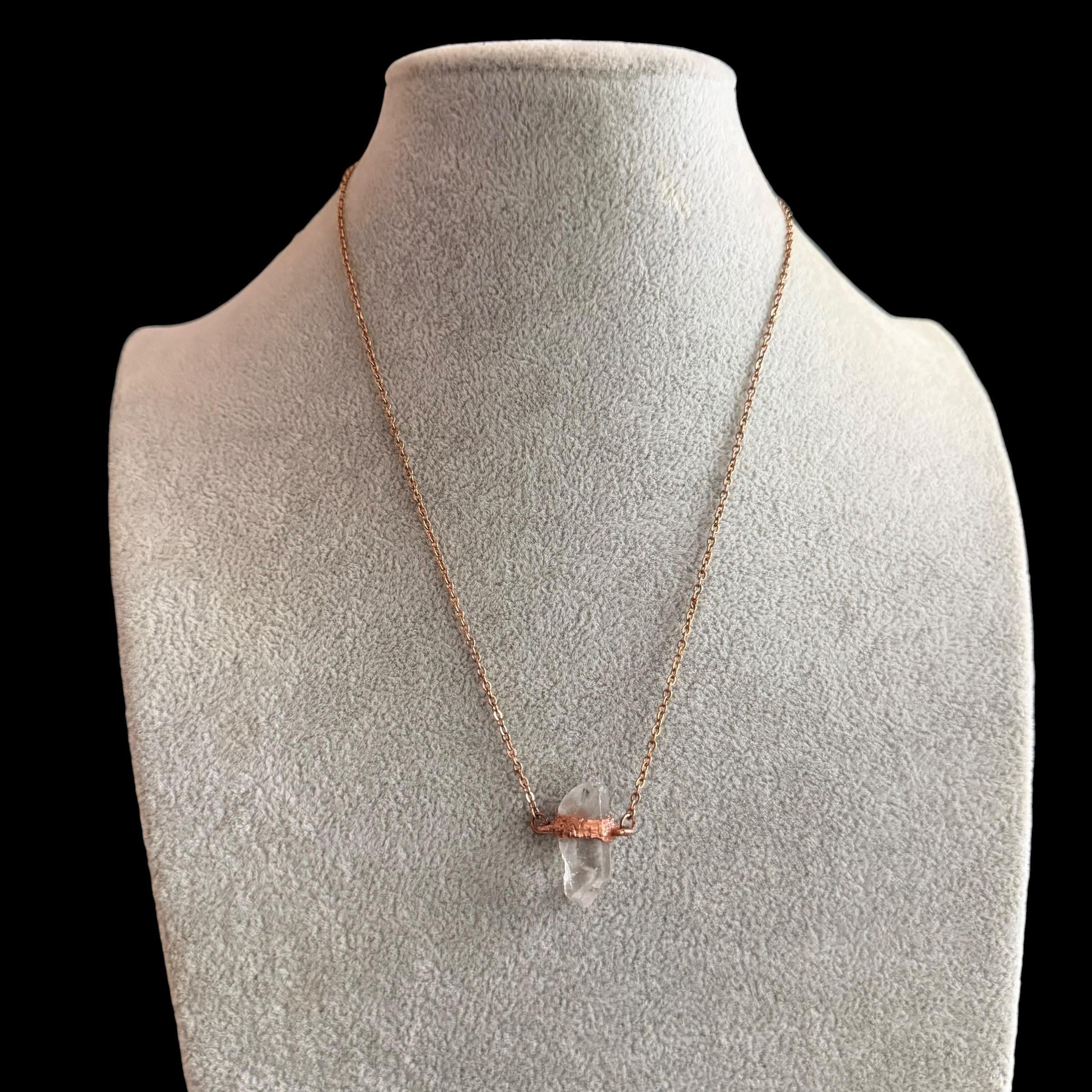 Raw Clear Quartz Electroformed Copper Necklace | Boho Rose Gold Chain Pendant
