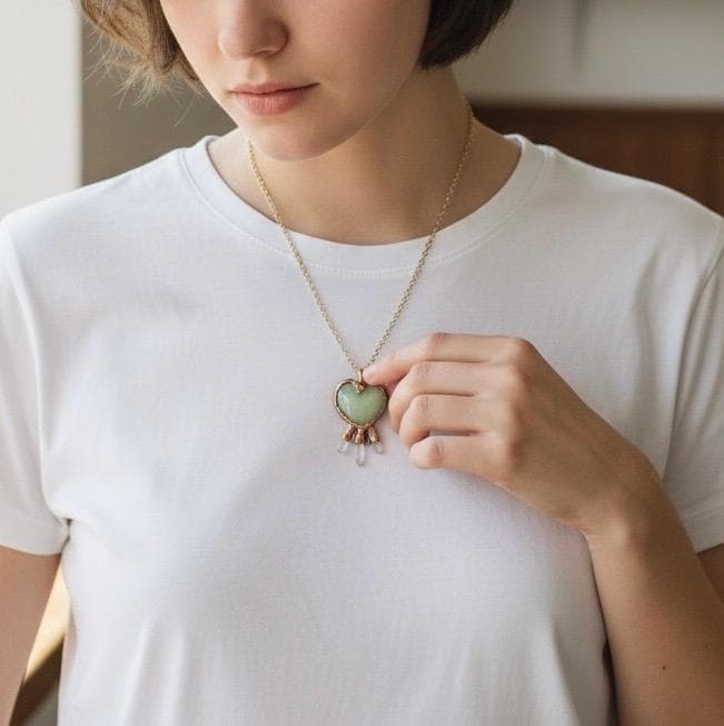 Green Aventurine Heart Necklace with Three Quartz Crystal Points | Electroformed Copper Pendant | Handmade Crystal Jewelry | Boho Healing Ne