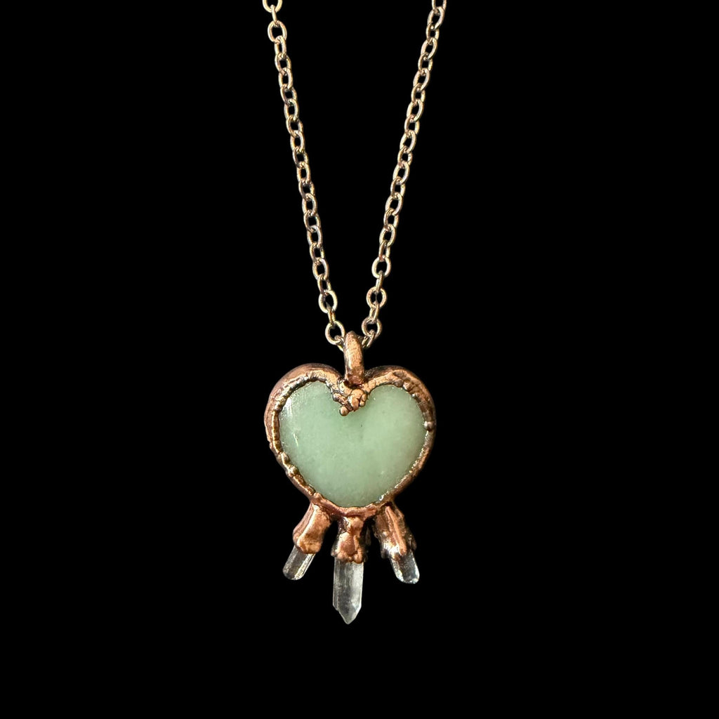 Green Aventurine Heart Necklace with Three Quartz Crystal Points | Electroformed Copper Pendant | Handmade Crystal Jewelry | Boho Healing Ne