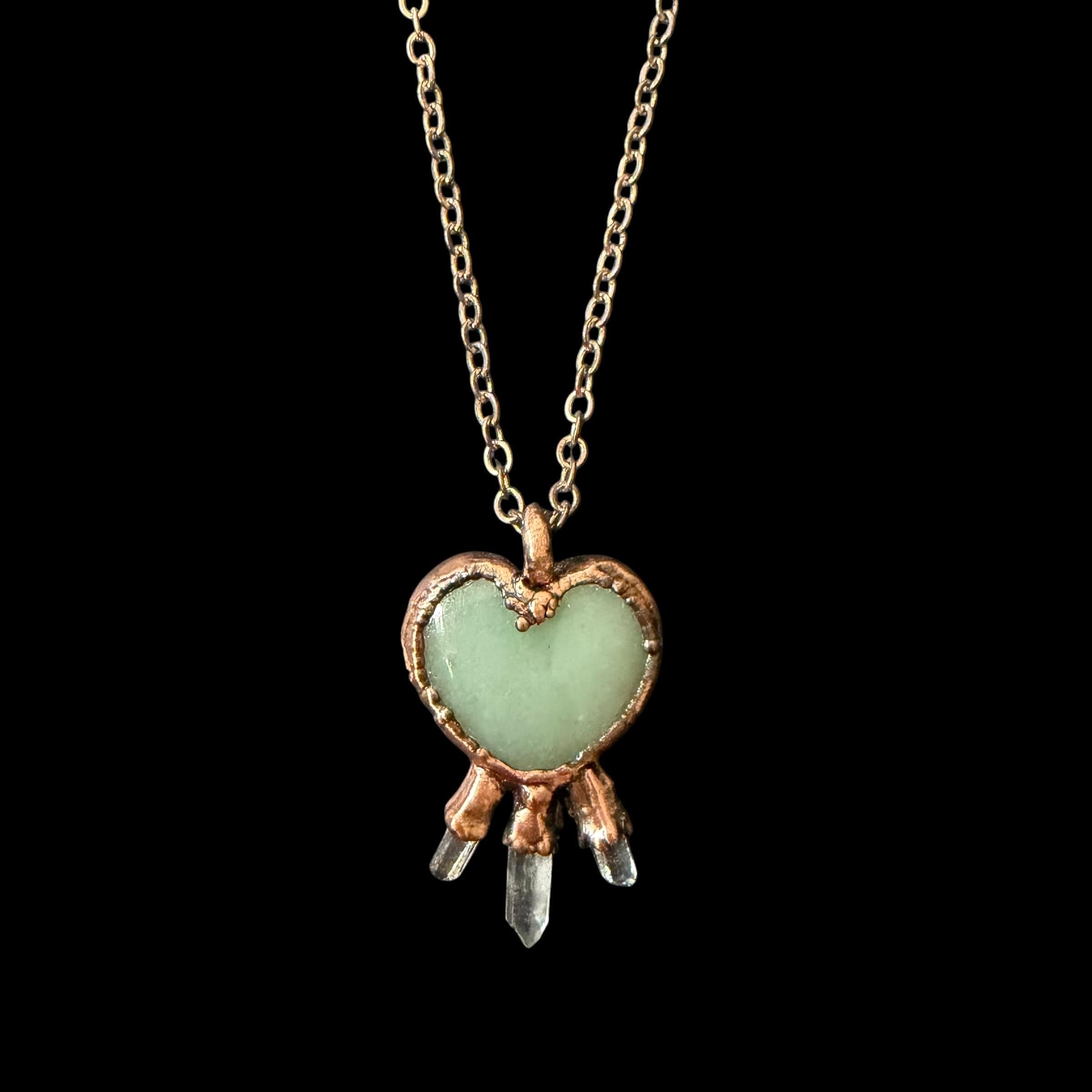 Green Aventurine Heart Necklace with Three Quartz Crystal Points | Electroformed Copper Pendant | Handmade Crystal Jewelry | Boho Healing Ne