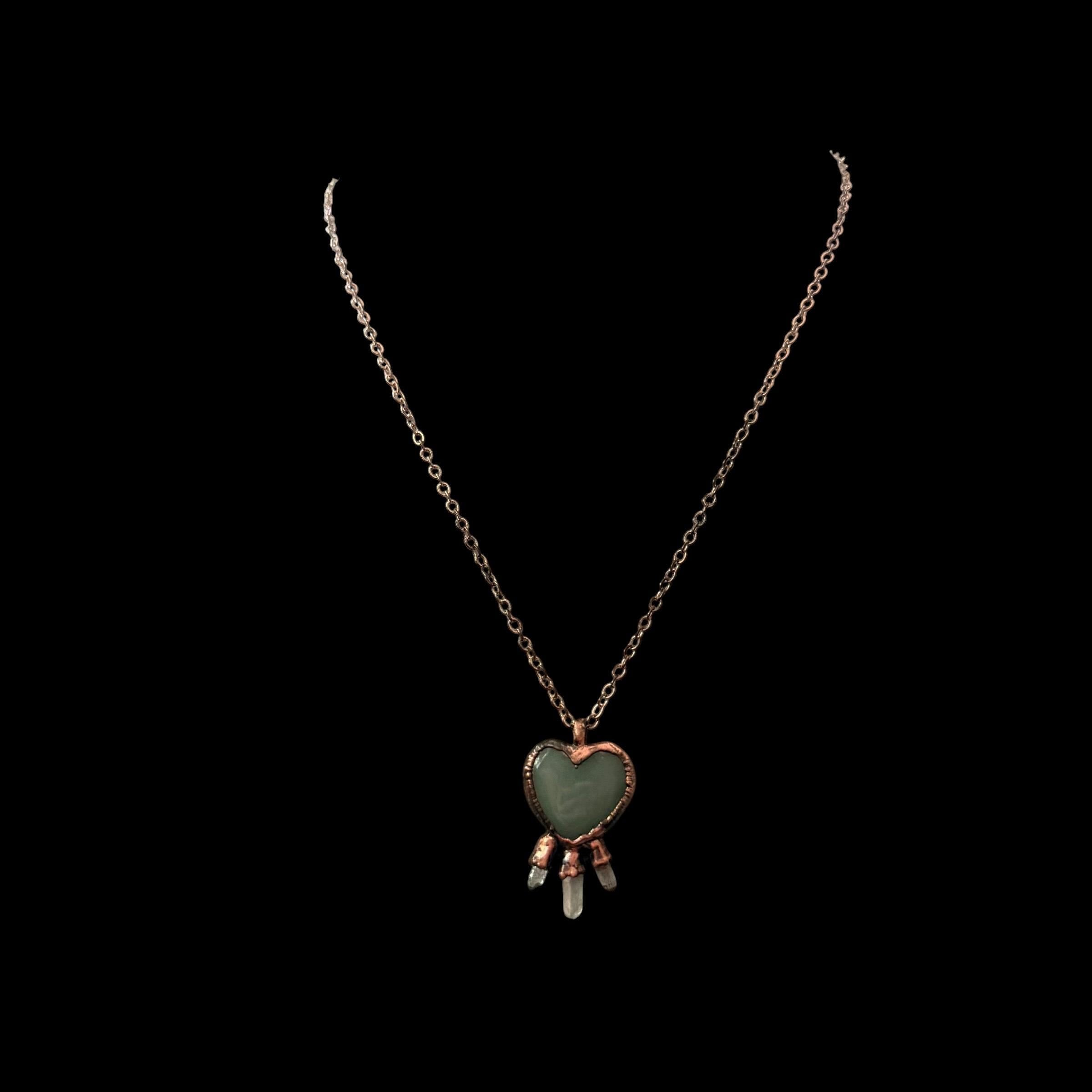Green Aventurine Heart Necklace with Three Quartz Crystal Points | Electroformed Copper Pendant | Handmade Crystal Jewelry | Boho Healing Ne