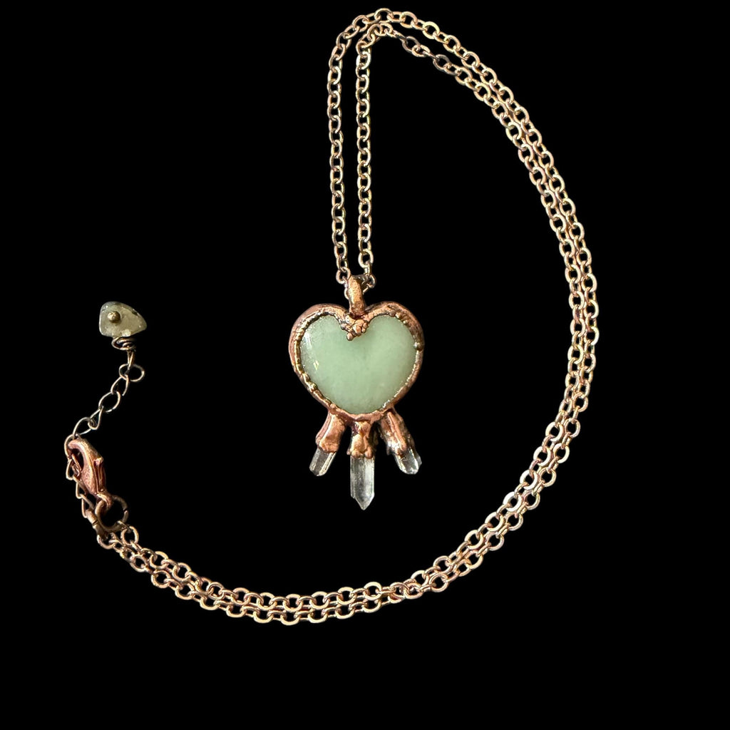 Green Aventurine Heart Necklace with Three Quartz Crystal Points | Electroformed Copper Pendant | Handmade Crystal Jewelry | Boho Healing Ne