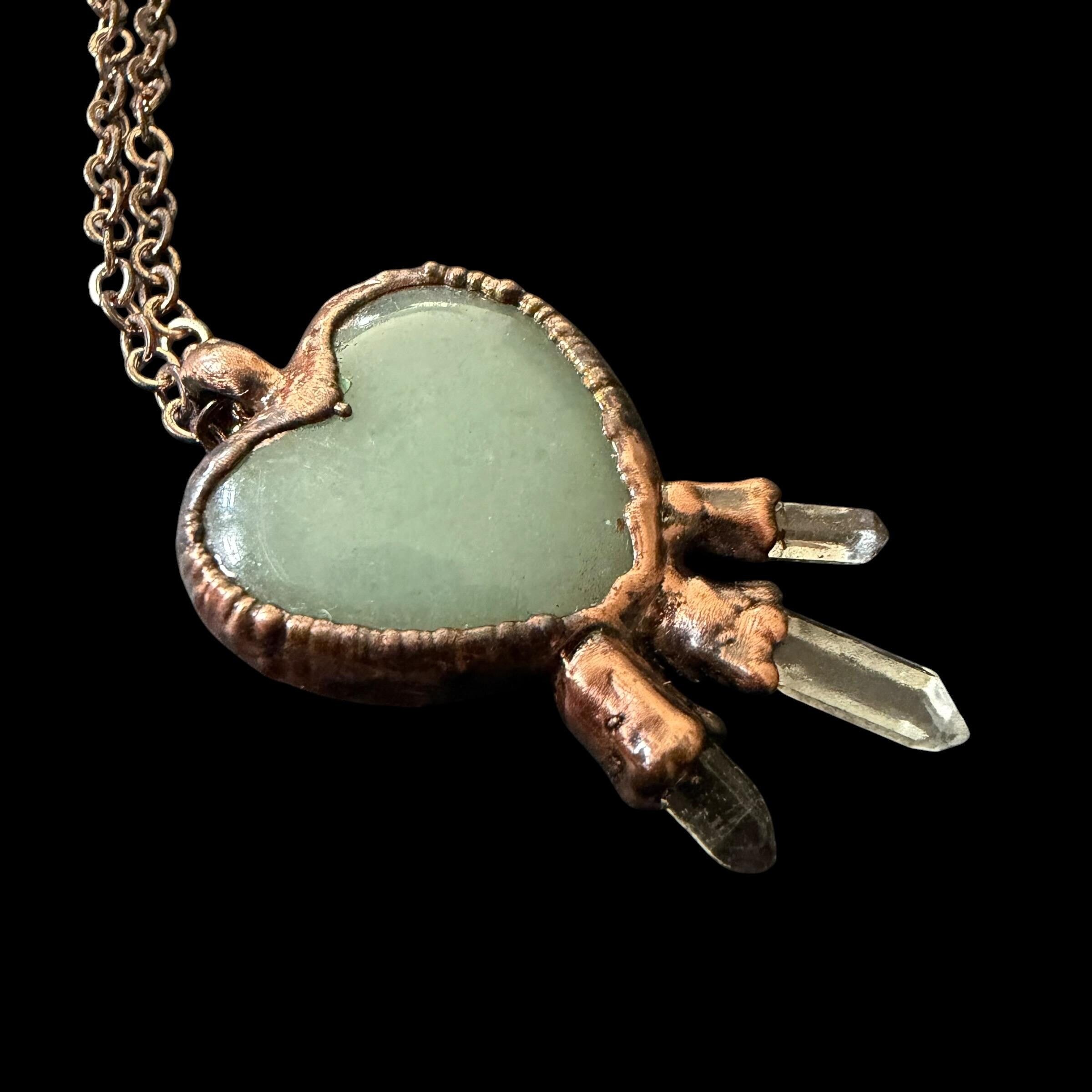 Green Aventurine Heart Necklace with Three Quartz Crystal Points | Electroformed Copper Pendant | Handmade Crystal Jewelry | Boho Healing Ne