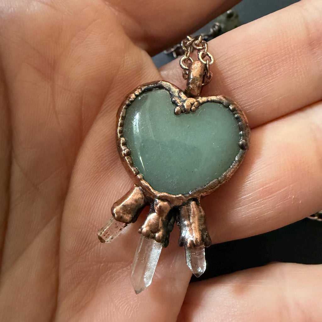 Green Aventurine Heart Necklace with Three Quartz Crystal Points | Electroformed Copper Pendant | Handmade Crystal Jewelry | Boho Healing Ne