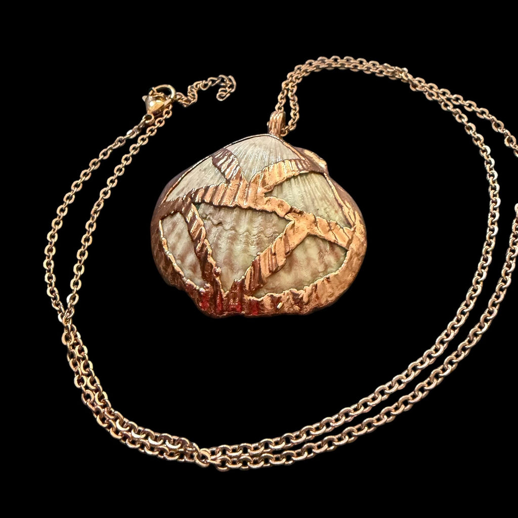 Real Sea Shell Electroformed Copper Necklace | Handmade Coastal Pendant | Rose Gold Stainless Steel Chain | One-of-a-Kind Beach Jewelry