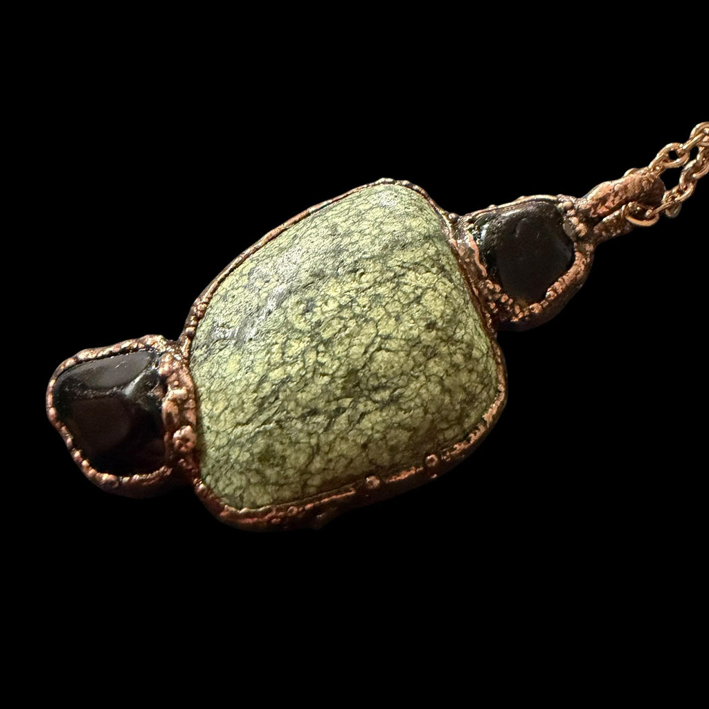 Green Lace Agate & Black Obsidian Necklace | Natural Gemstone Necklace | Electroformed Copper Jewelry | Handmade Green Crystal Pendant