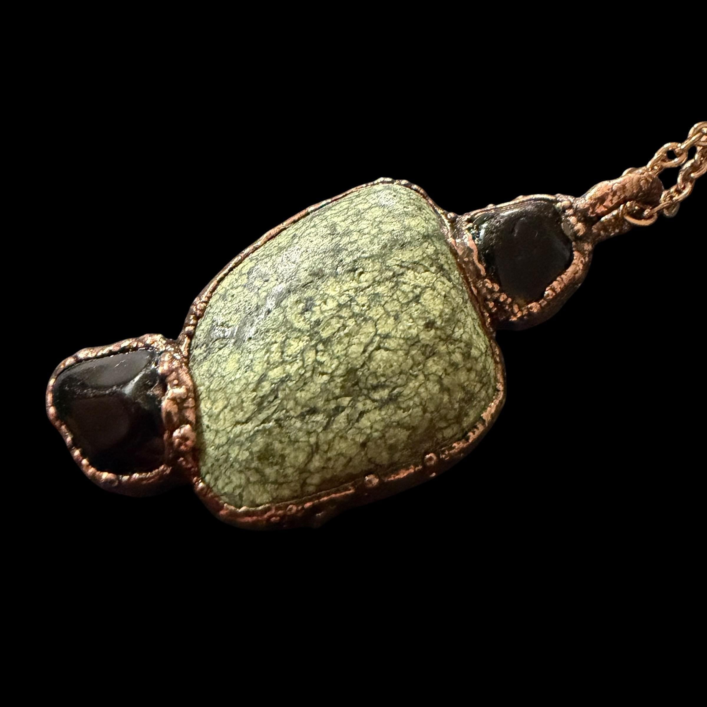 Green Lace Agate & Black Obsidian Necklace | Natural Gemstone Necklace | Electroformed Copper Jewelry | Handmade Green Crystal Pendant