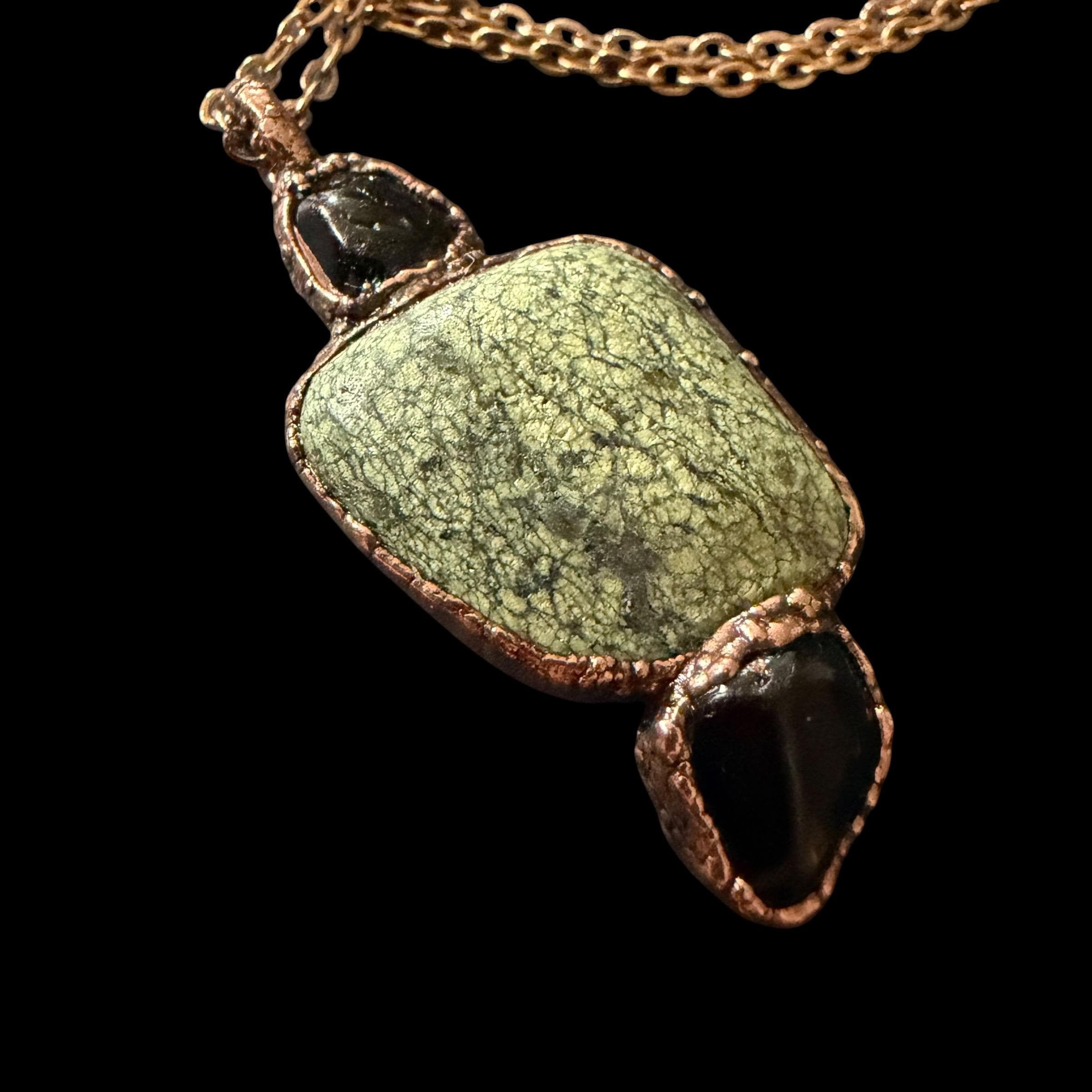 Green Lace Agate & Black Obsidian Necklace | Natural Gemstone Necklace | Electroformed Copper Jewelry | Handmade Green Crystal Pendant