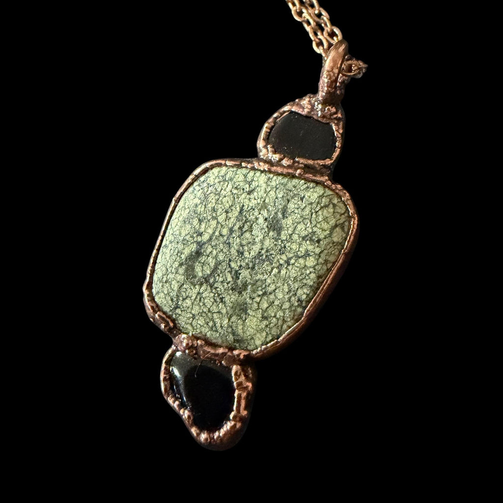 Green Lace Agate & Black Obsidian Necklace | Natural Gemstone Necklace | Electroformed Copper Jewelry | Handmade Green Crystal Pendant