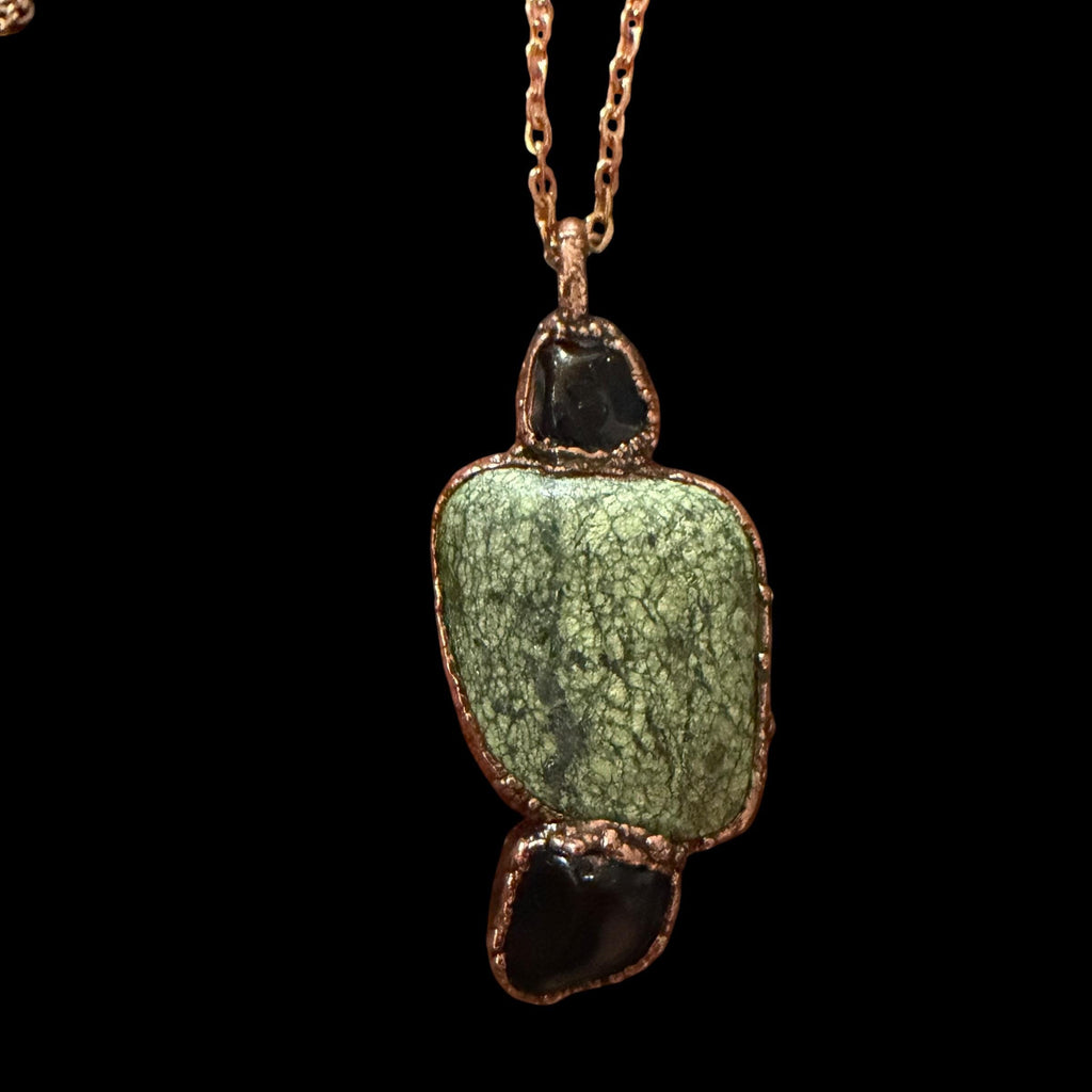 Green Lace Agate & Black Obsidian Necklace | Natural Gemstone Necklace | Electroformed Copper Jewelry | Handmade Green Crystal Pendant