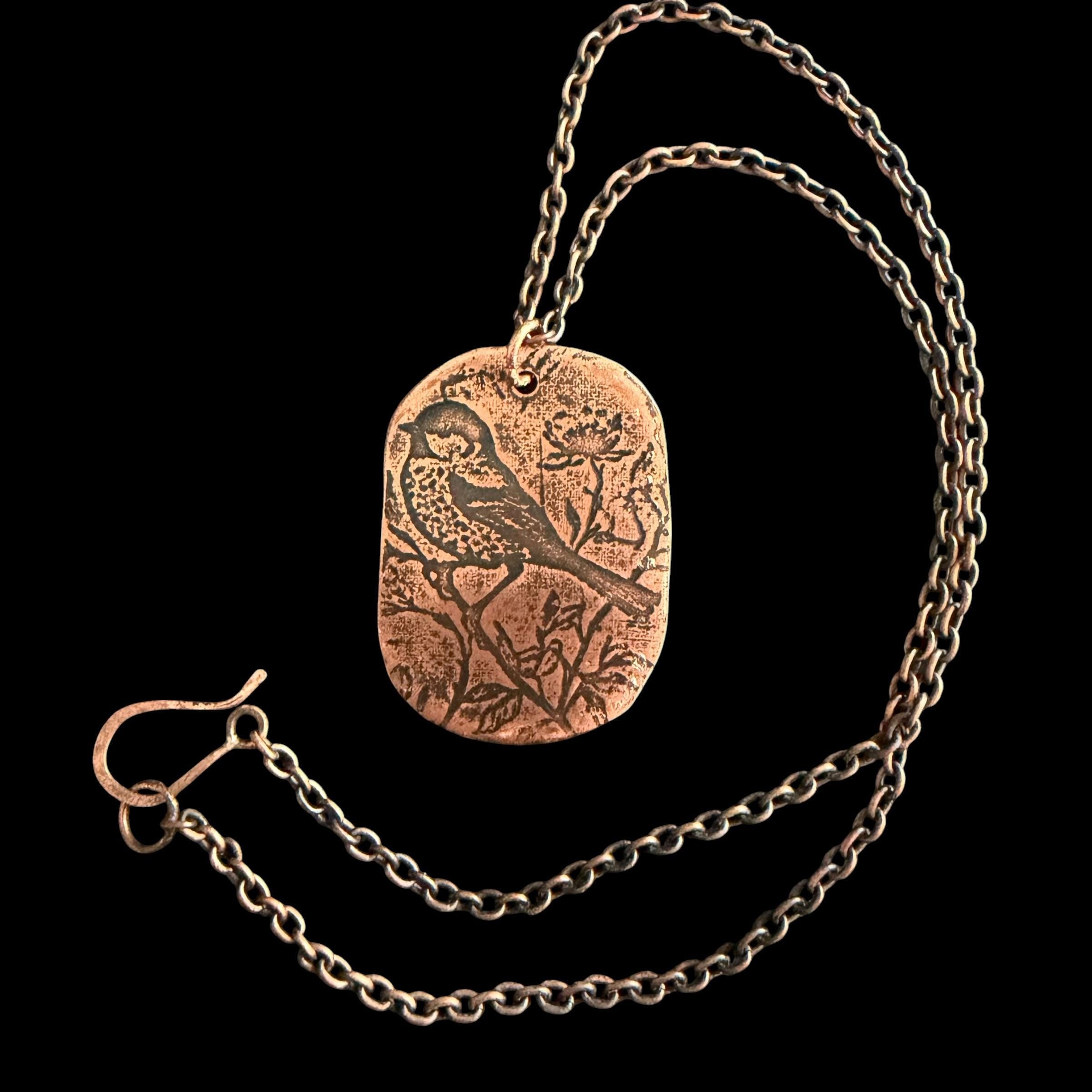 Songbird on a Branch Necklace | Electro Etched Copper Pendant with Wildflowers | Handmade Woodland Nature Jewelry | Boho Bird Gift