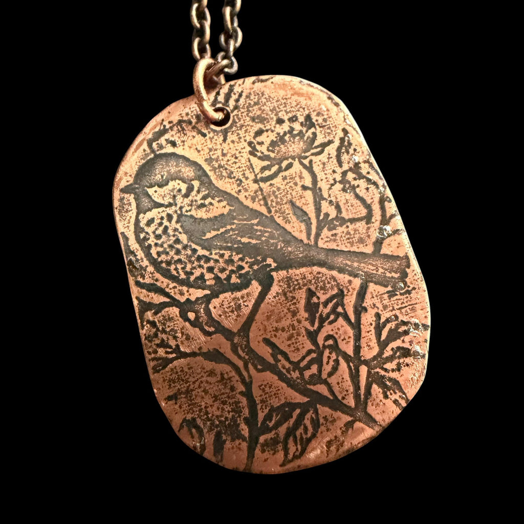 Songbird on a Branch Necklace | Electro Etched Copper Pendant with Wildflowers | Handmade Woodland Nature Jewelry | Boho Bird Gift