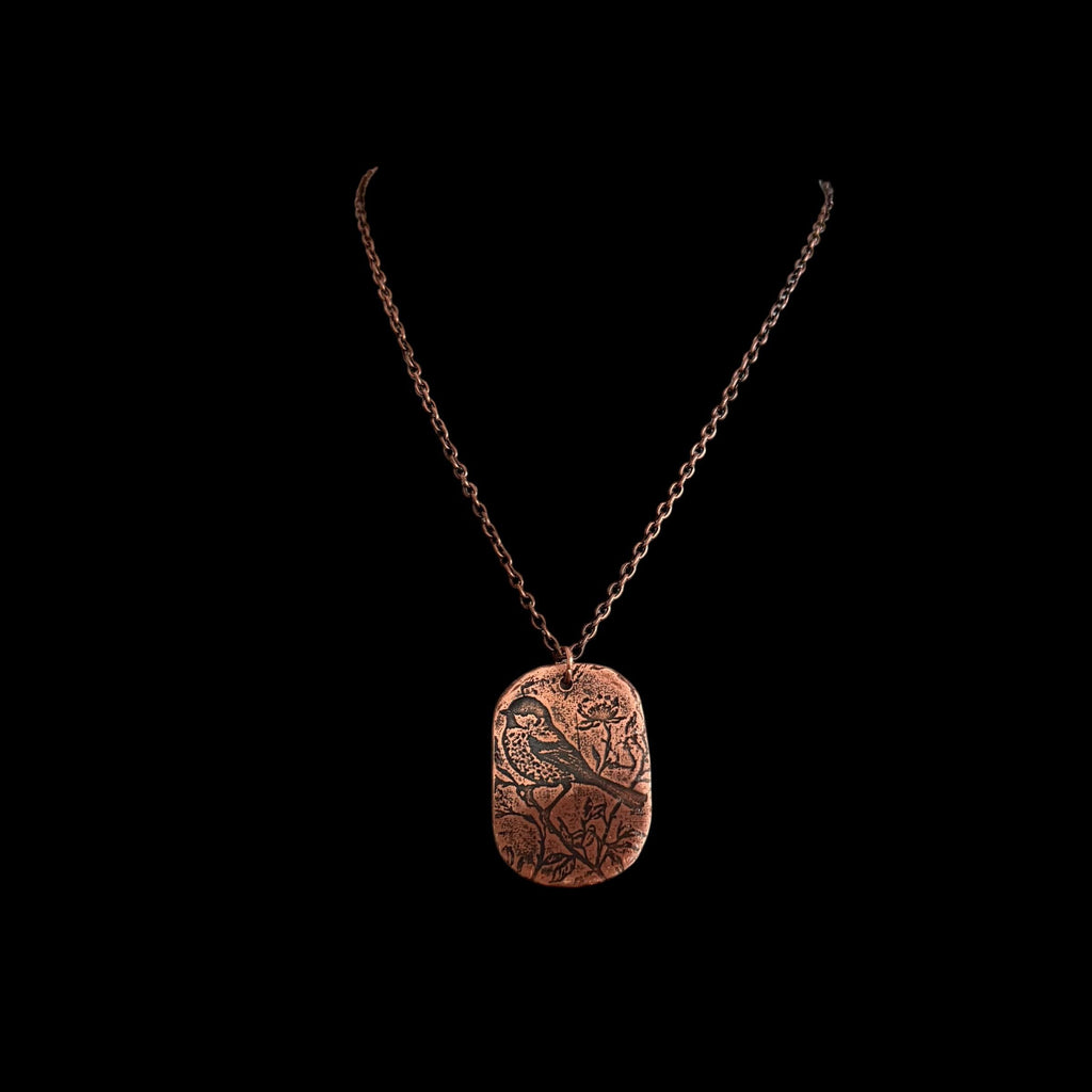 Songbird on a Branch Necklace | Electro Etched Copper Pendant with Wildflowers | Handmade Woodland Nature Jewelry | Boho Bird Gift