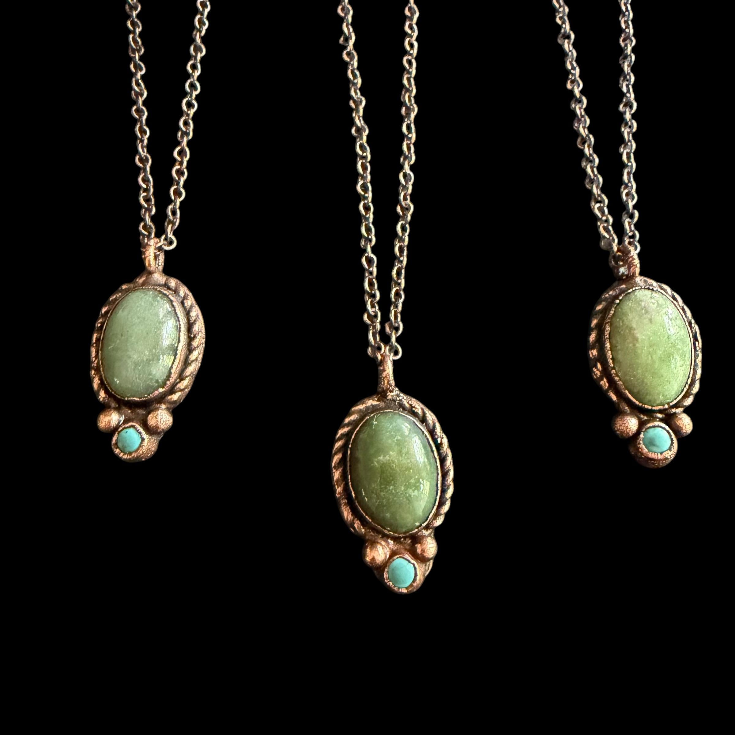 Green Aventurine Necklace with Turquoise Accent | Electroformed Copper Pendant | Handmade Boho Crystal Jewelry Gift