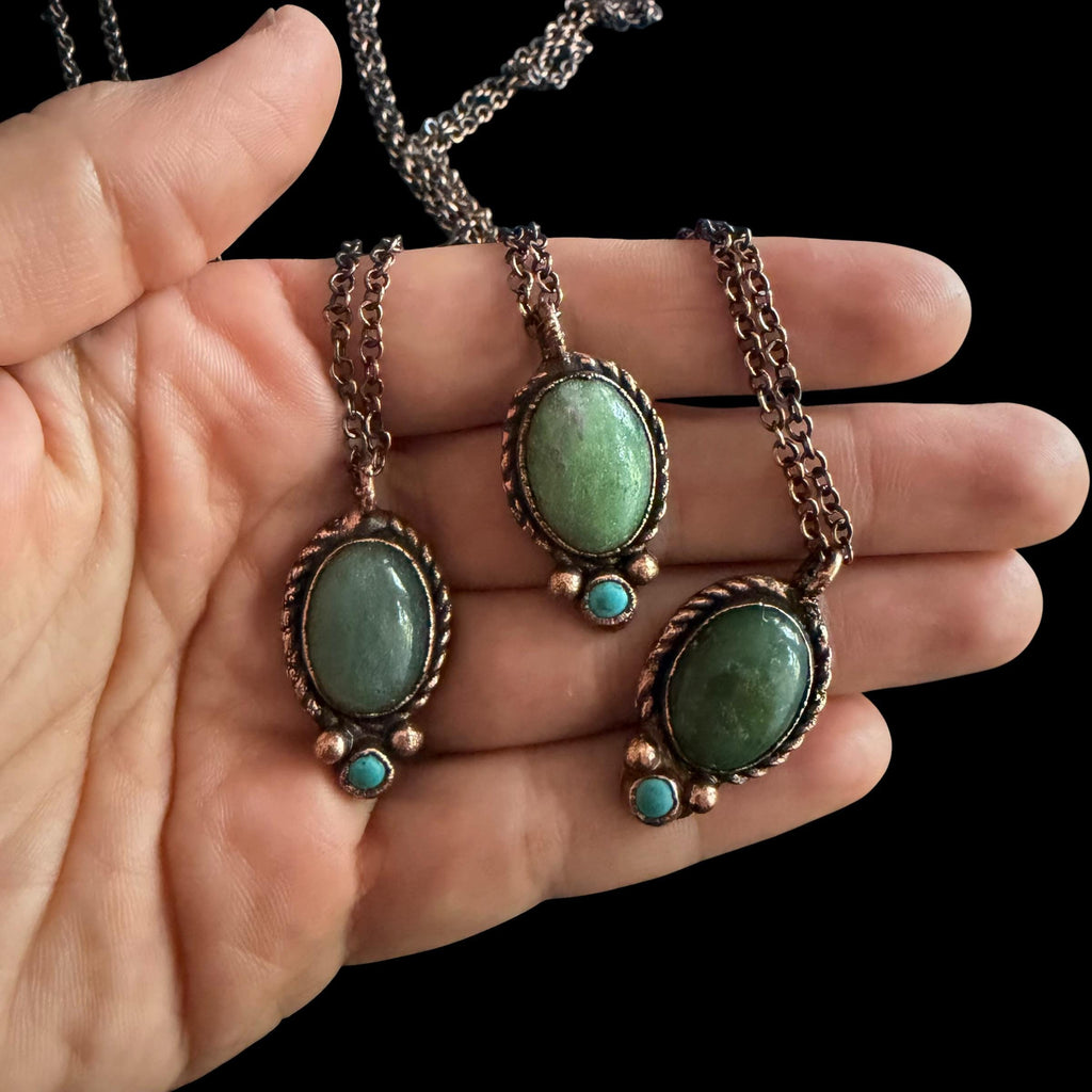 Green Aventurine Necklace with Turquoise Accent | Electroformed Copper Pendant | Handmade Boho Crystal Jewelry Gift