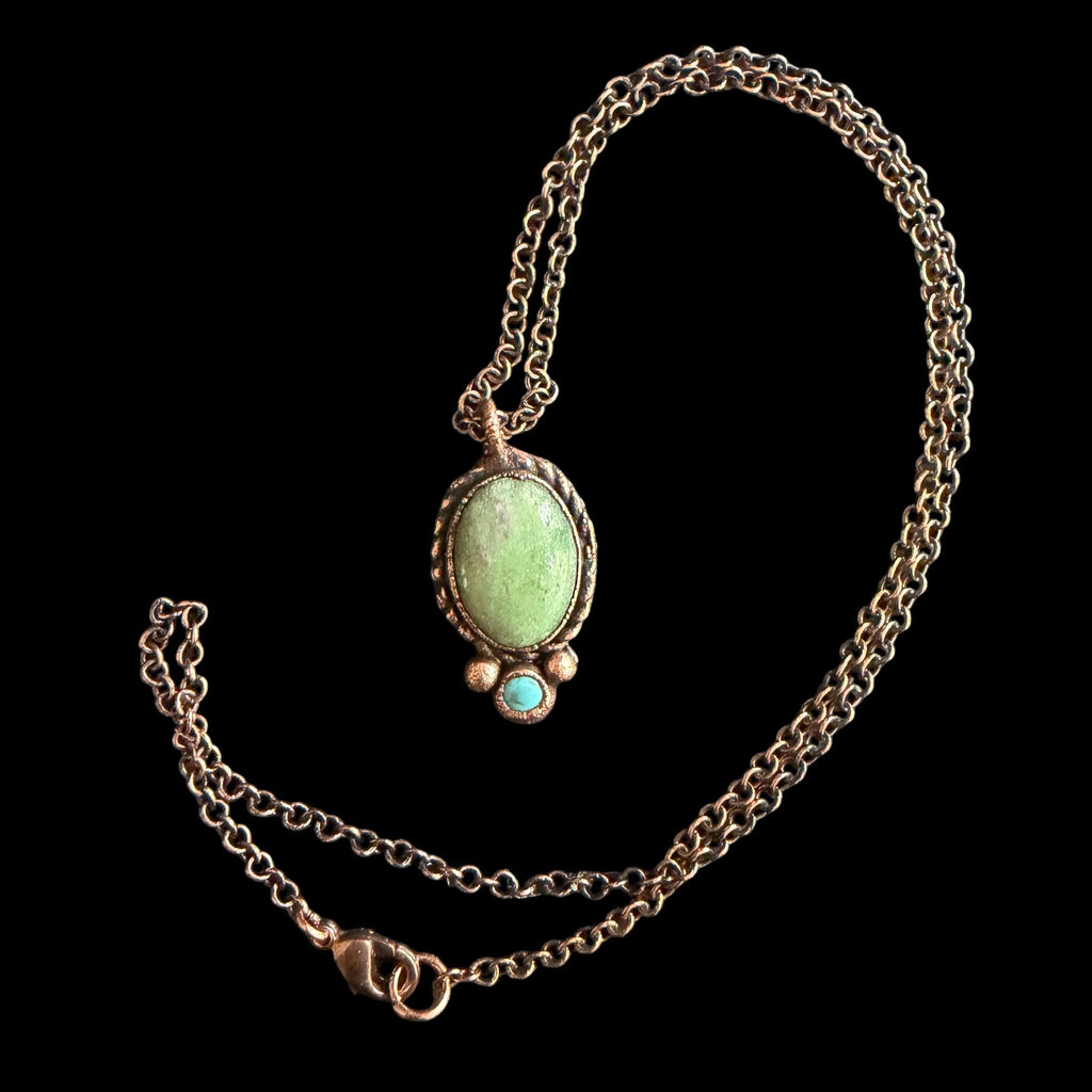 Green Aventurine Necklace with Turquoise Accent | Electroformed Copper Pendant | Handmade Boho Crystal Jewelry Gift
