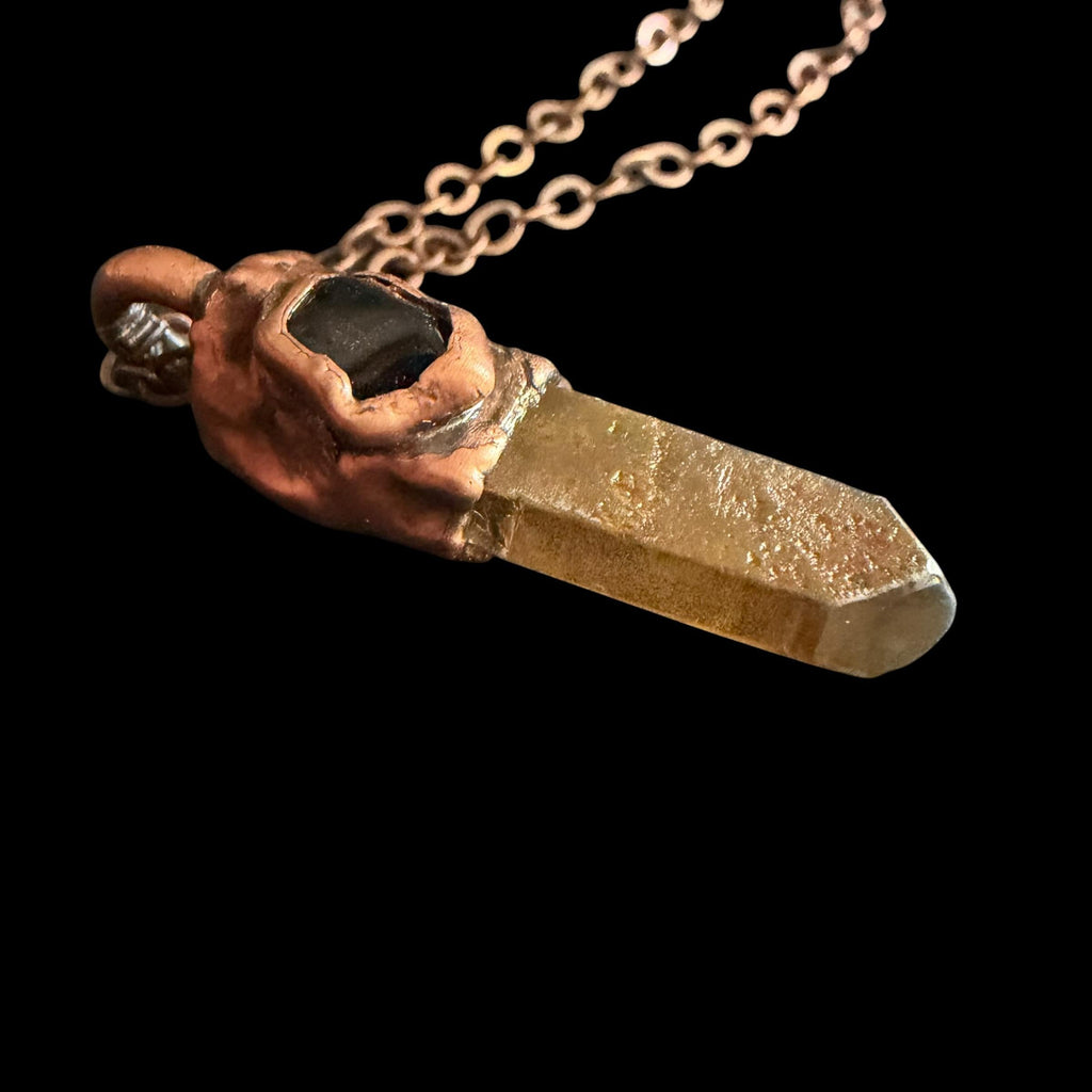 Hematite Quartz Point Necklace with Black Obsidian | Electroformed Copper Crystal Pendant | Handmade Boho Protection