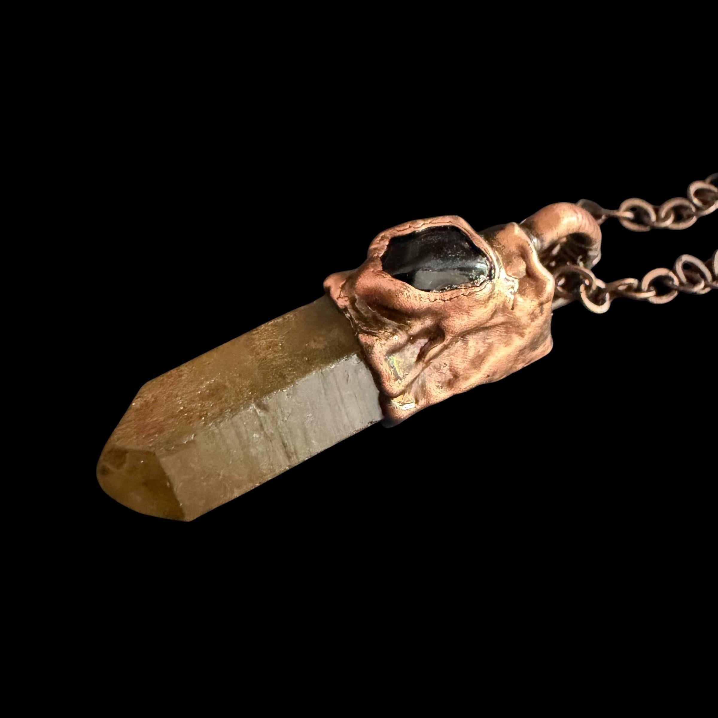 Hematite Quartz Point Necklace with Black Obsidian | Electroformed Copper Crystal Pendant | Handmade Boho Protection