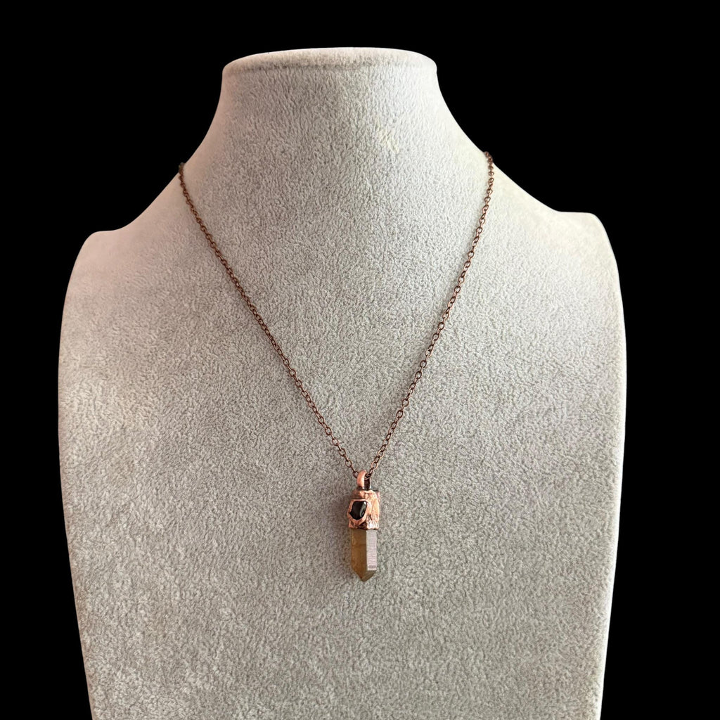 Hematite Quartz Point Necklace with Black Obsidian | Electroformed Copper Crystal Pendant | Handmade Boho Protection