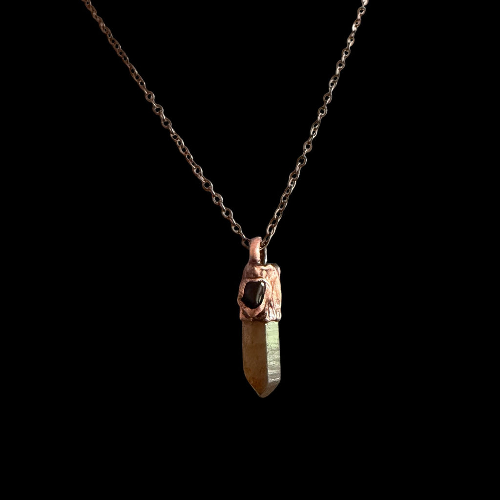 Hematite Quartz Point Necklace with Black Obsidian | Electroformed Copper Crystal Pendant | Handmade Boho Protection