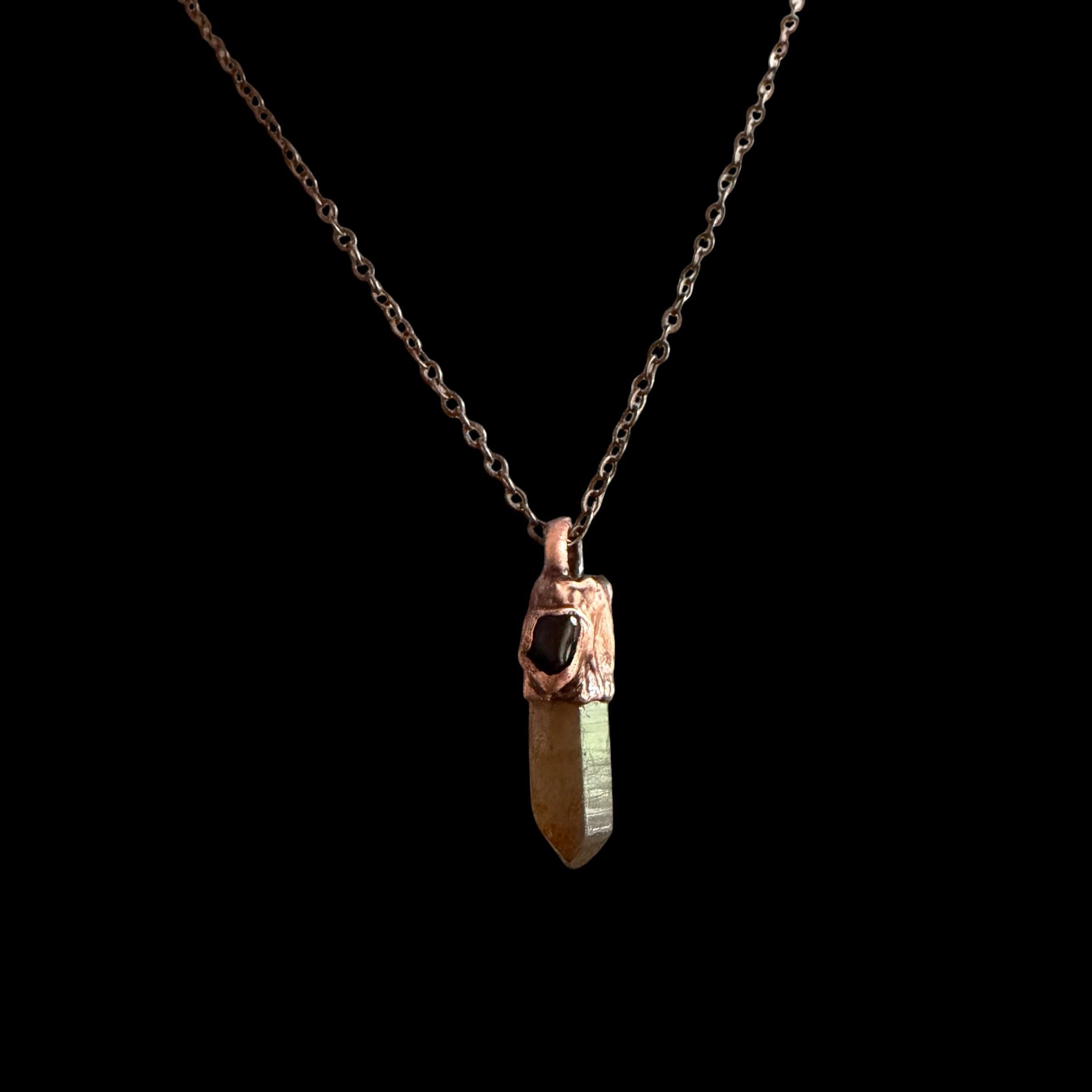 Hematite Quartz Point Necklace with Black Obsidian | Electroformed Copper Crystal Pendant | Handmade Boho Protection