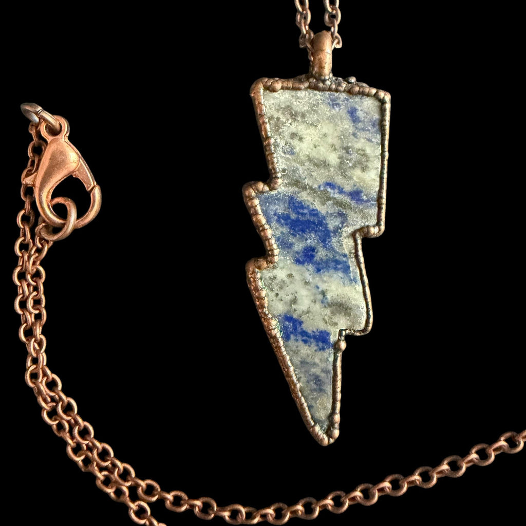 Lapis Lazuli Lightning Bolt Necklace | Electroformed Copper Pendant | Handmade Crystal Jewelry | Boho Statement Gift