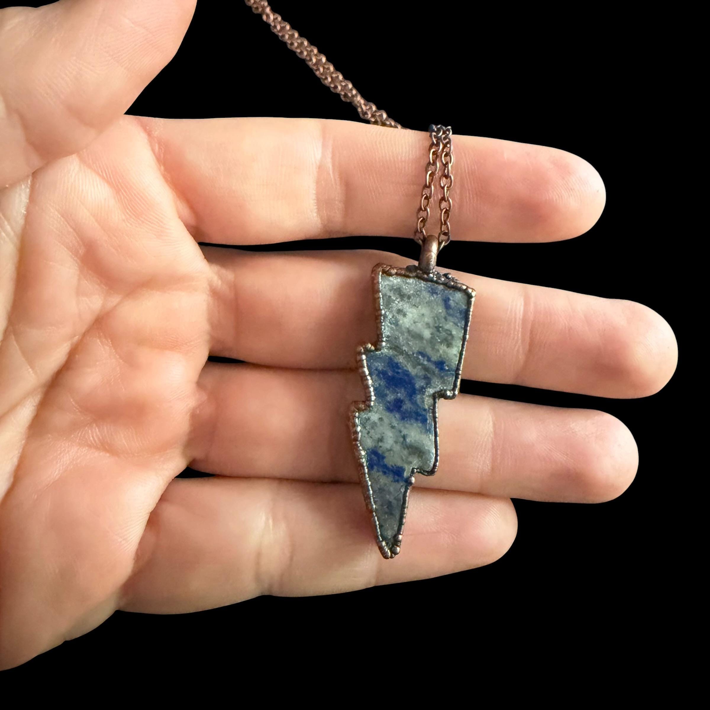 Lapis Lazuli Lightning Bolt Necklace | Electroformed Copper Pendant | Handmade Crystal Jewelry | Boho Statement Gift