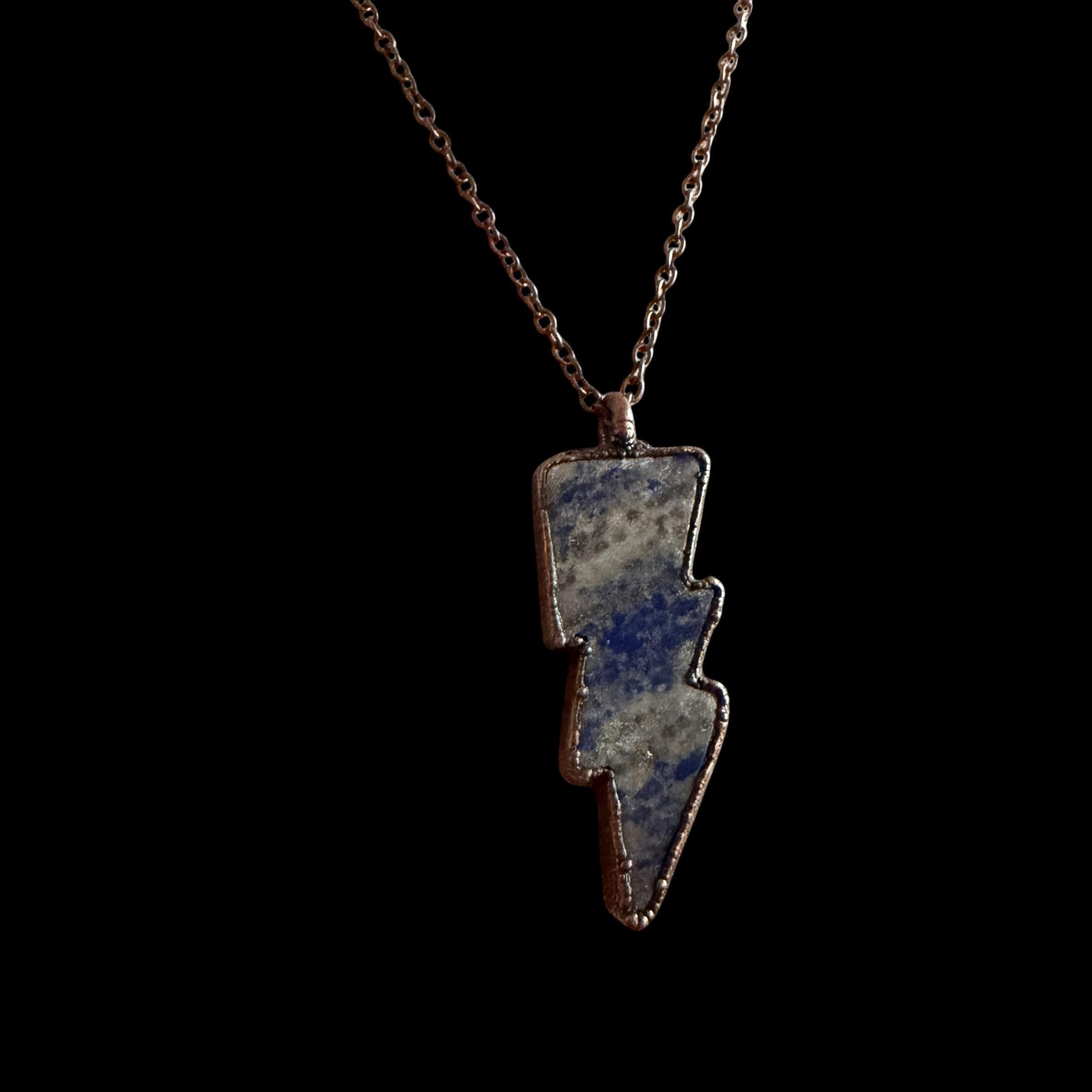 Lapis Lazuli Lightning Bolt Necklace | Electroformed Copper Pendant | Handmade Crystal Jewelry | Boho Statement Gift