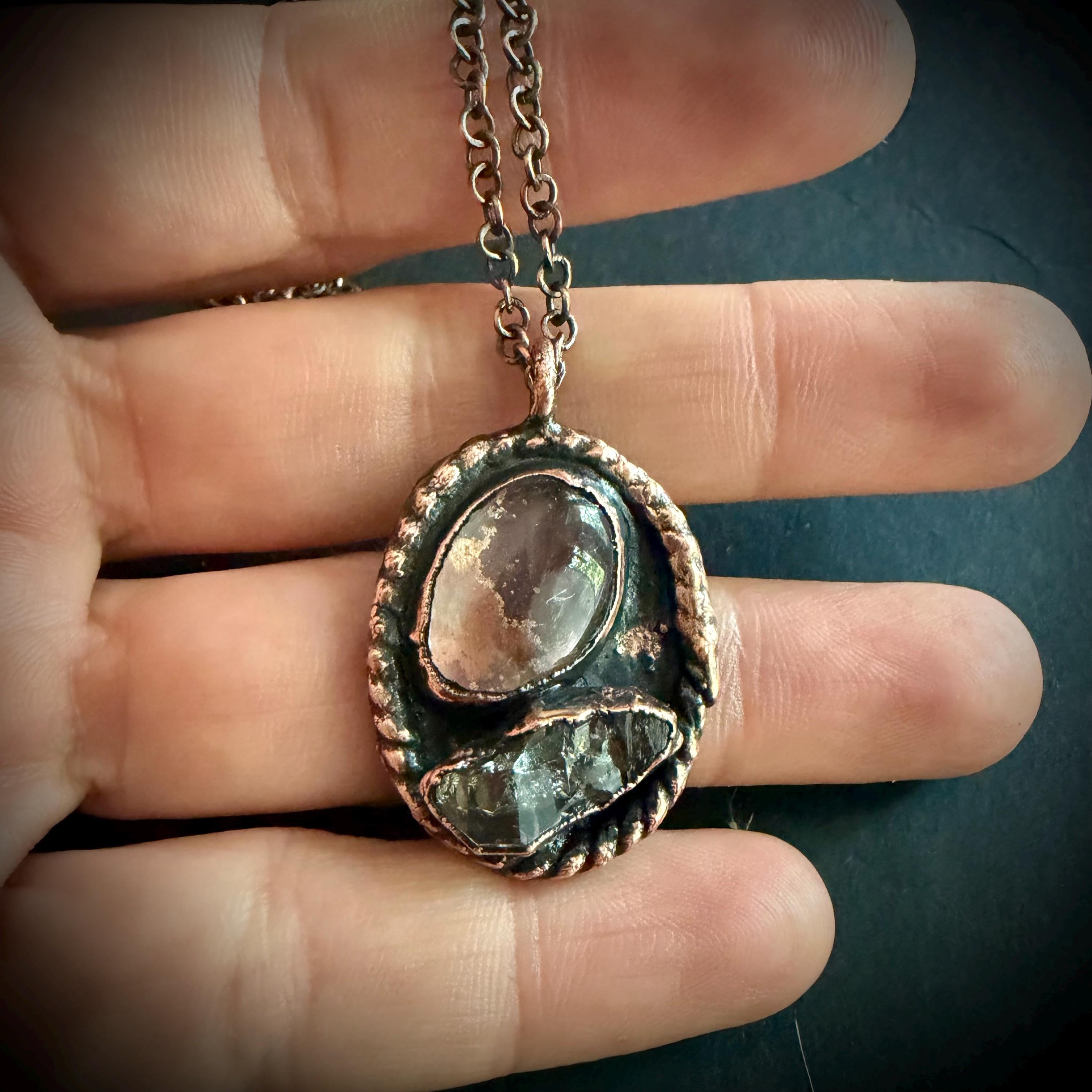 Herkimer Quartz & Quartz Necklace | Electroformed Copper Pendant | Handmade Crystal Jewelry | Boho Love Gift