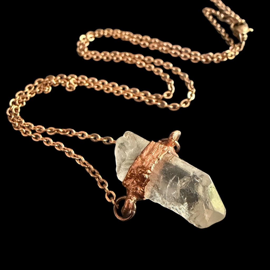 Raw Clear Quartz Electroformed Copper Necklace | Boho Rose Gold Chain Pendant