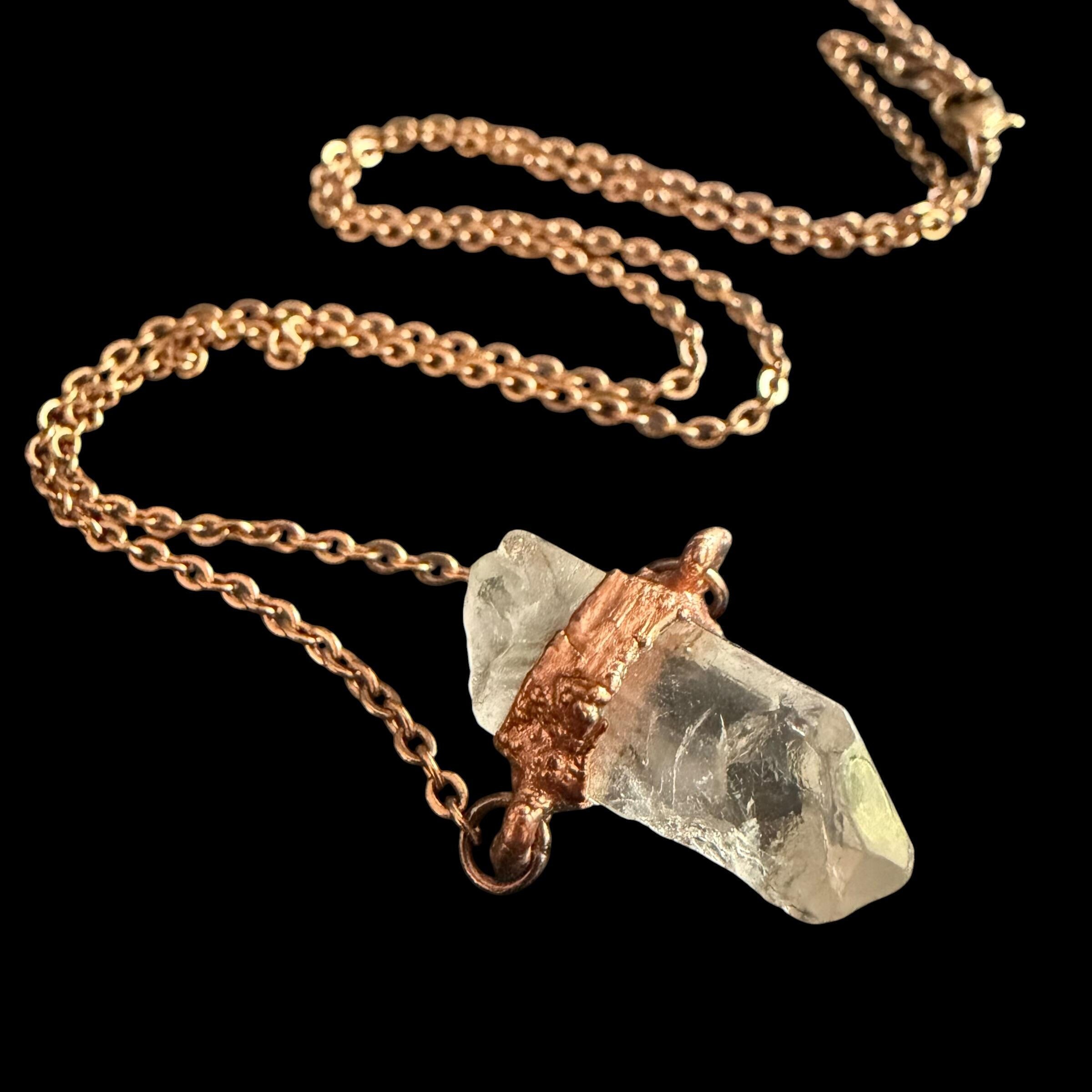 Raw Clear Quartz Electroformed Copper Necklace | Boho Rose Gold Chain Pendant