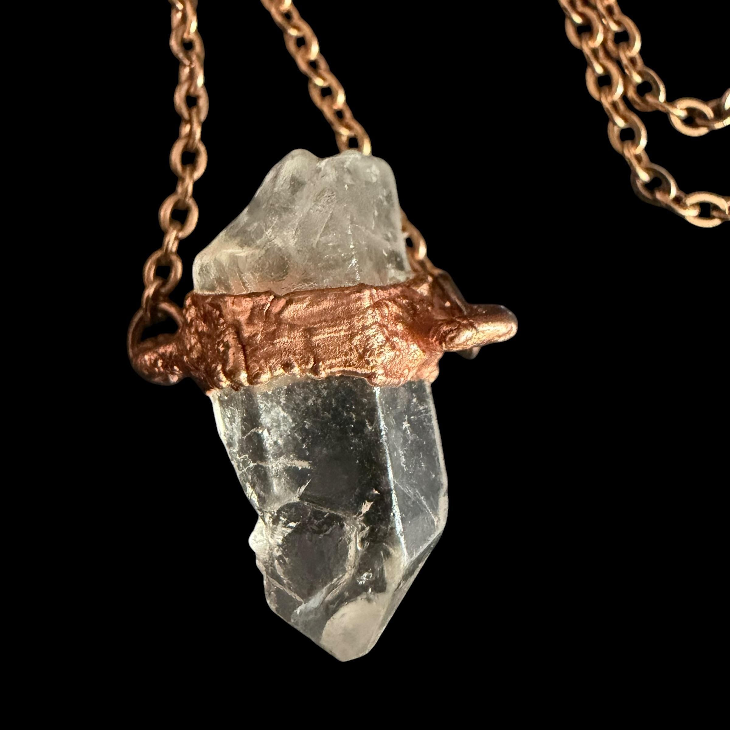 Raw Clear Quartz Electroformed Copper Necklace | Boho Rose Gold Chain Pendant